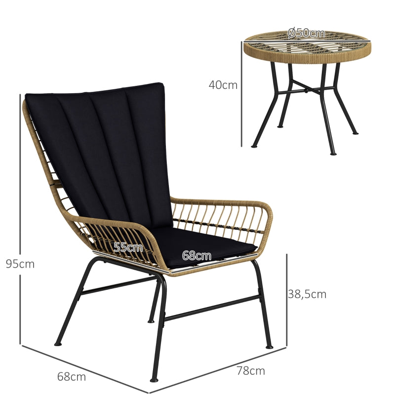 Rattan Seating Group, 3-Piece with 2 Chairs & Side Table, Tempered Glass