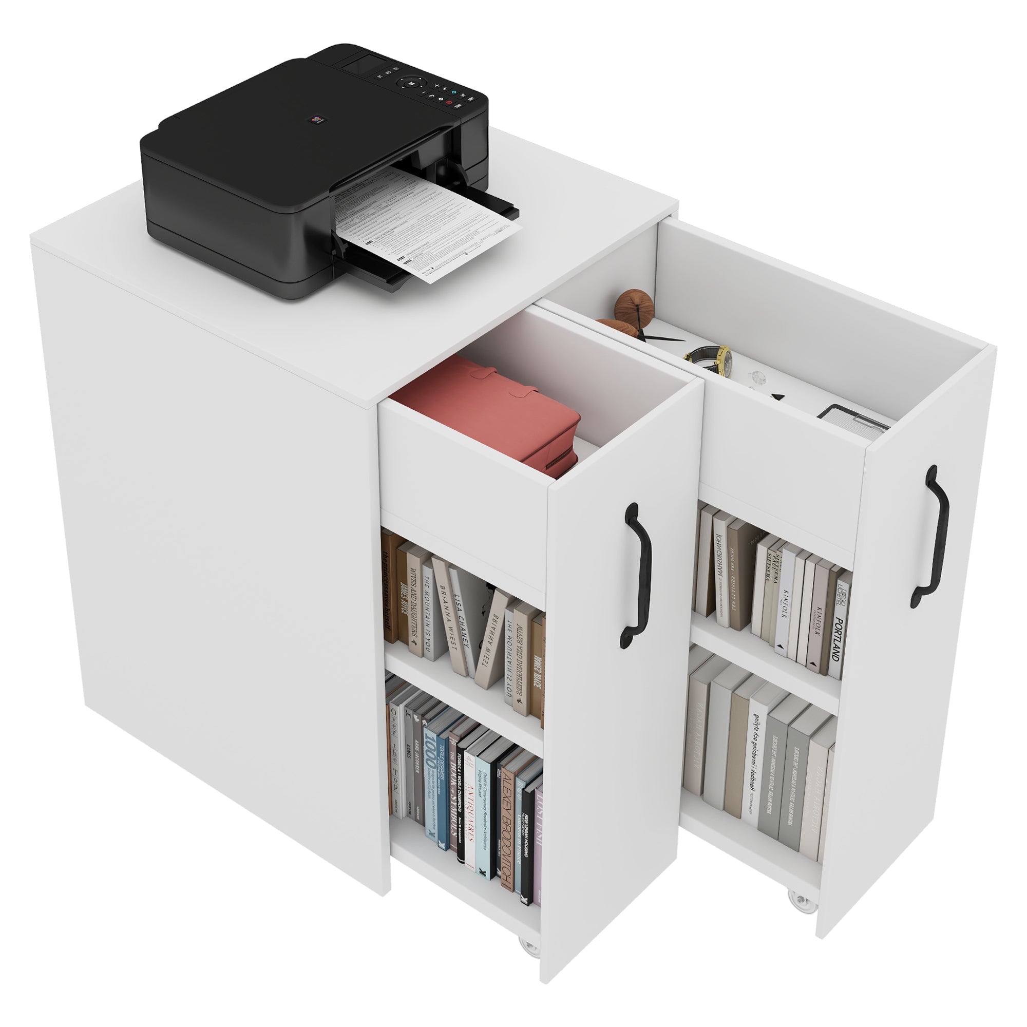 Small Bookcase with Wheels Extendable Reversible Shelves & Drawers
