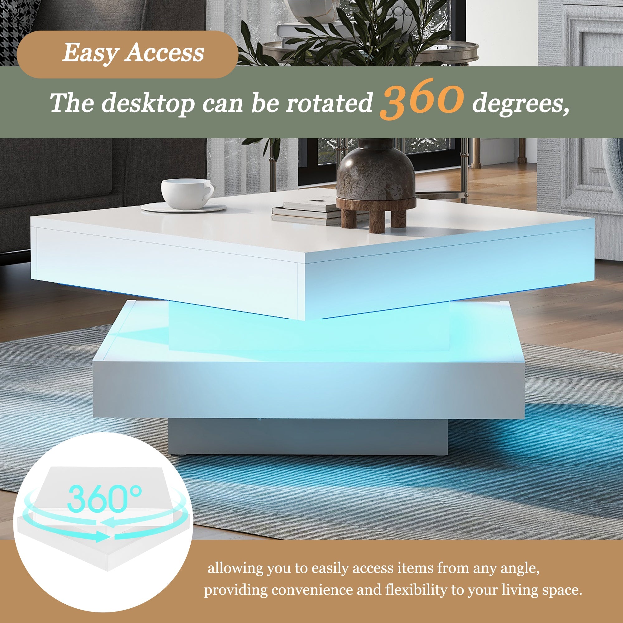 White Square High Gloss Coffee Table with 360° Rotating Top, Tea Table with 16-Color LED light, 70x70x36 cm