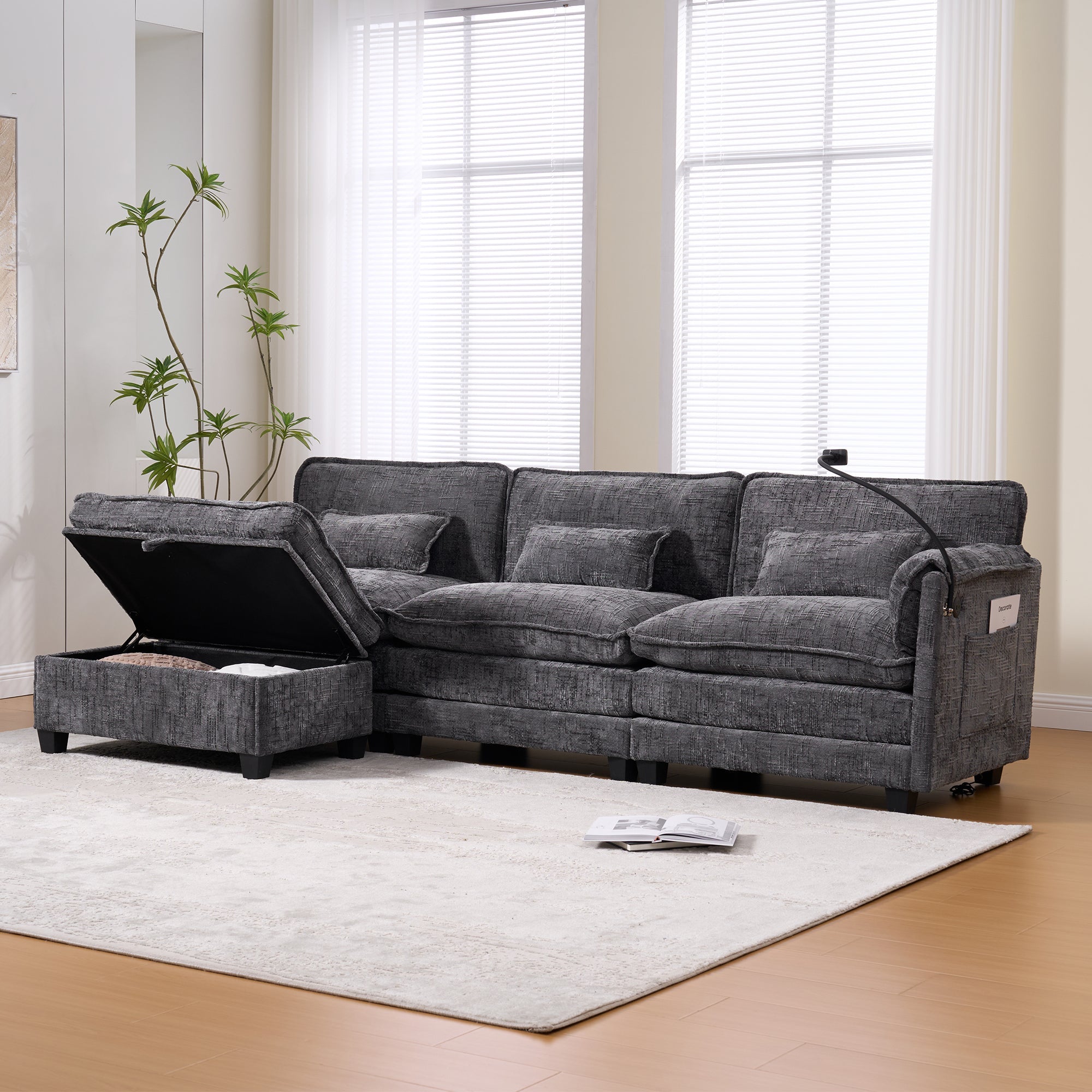 Modern 2-Seater Sofa USB Port Storage Footstool Memory Foam - Chenille Grey