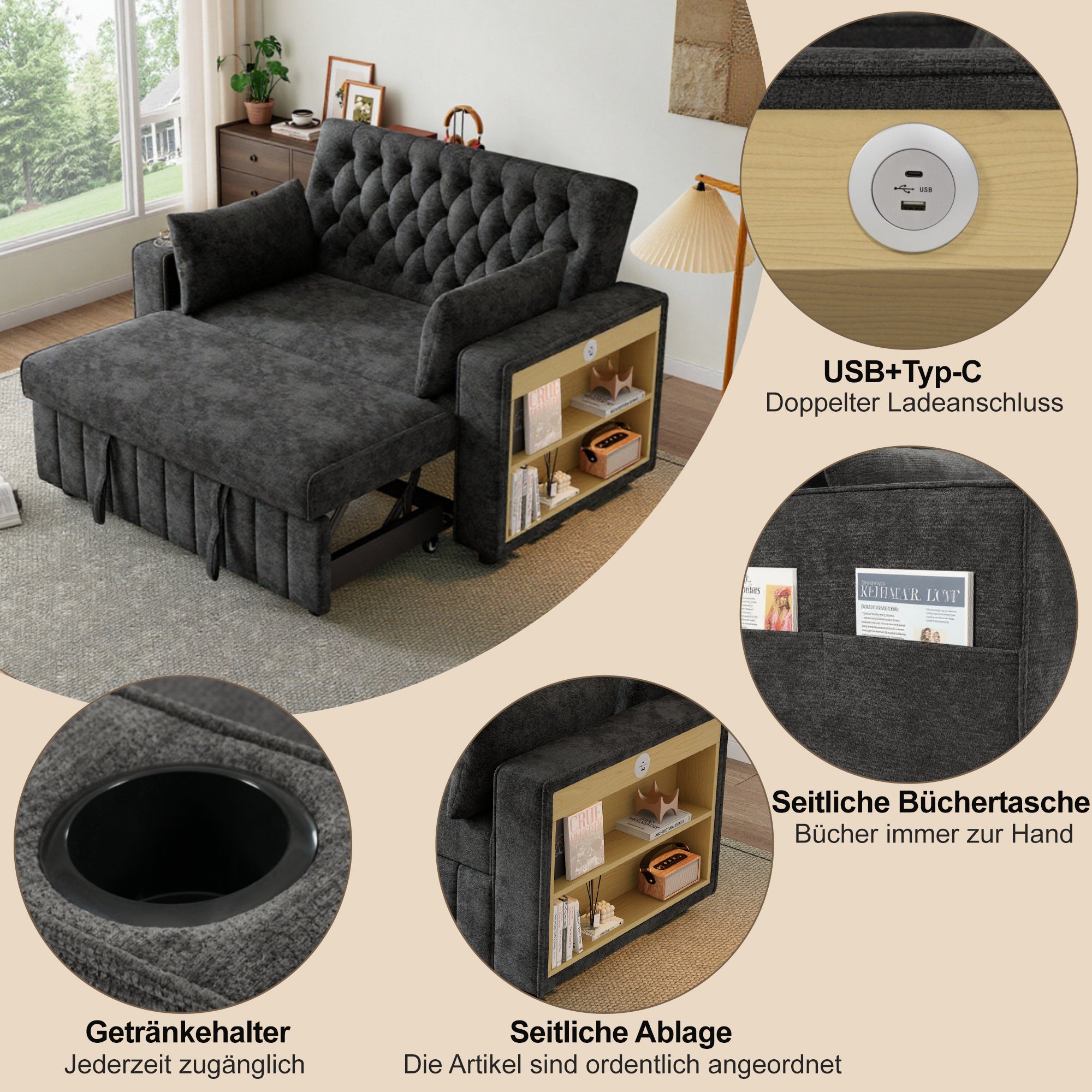 Sofa Bed, Folding with Storage, Cup Holder, USB, Gray