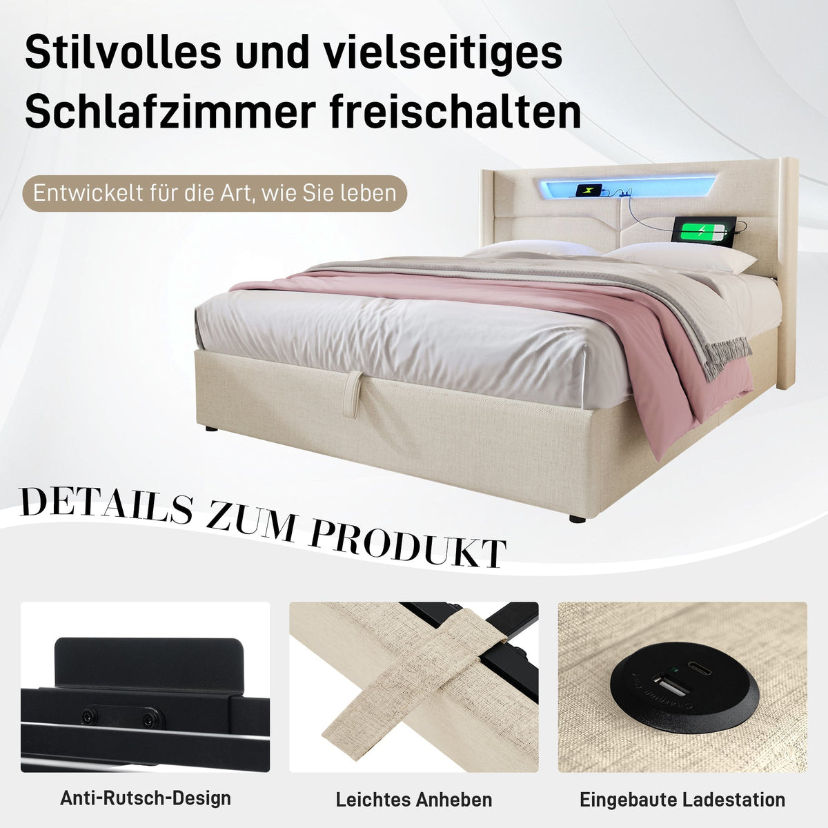 Upholstered Bed 160x200 LED USB-C Storage Slatted Base Linen