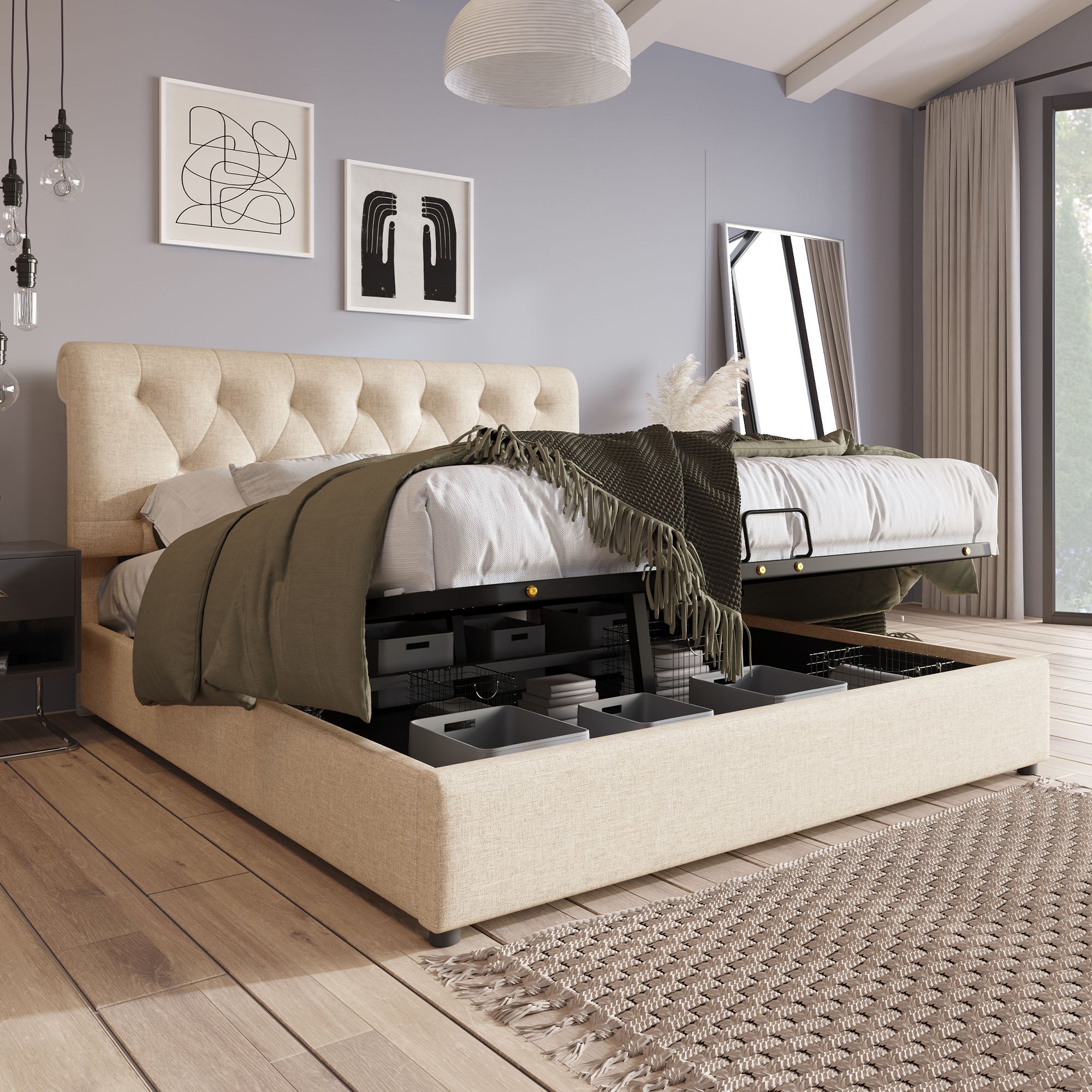 Hydraulic Double Bed, 160x200cm Adjustable Headboard with Storage, Natural Wood
