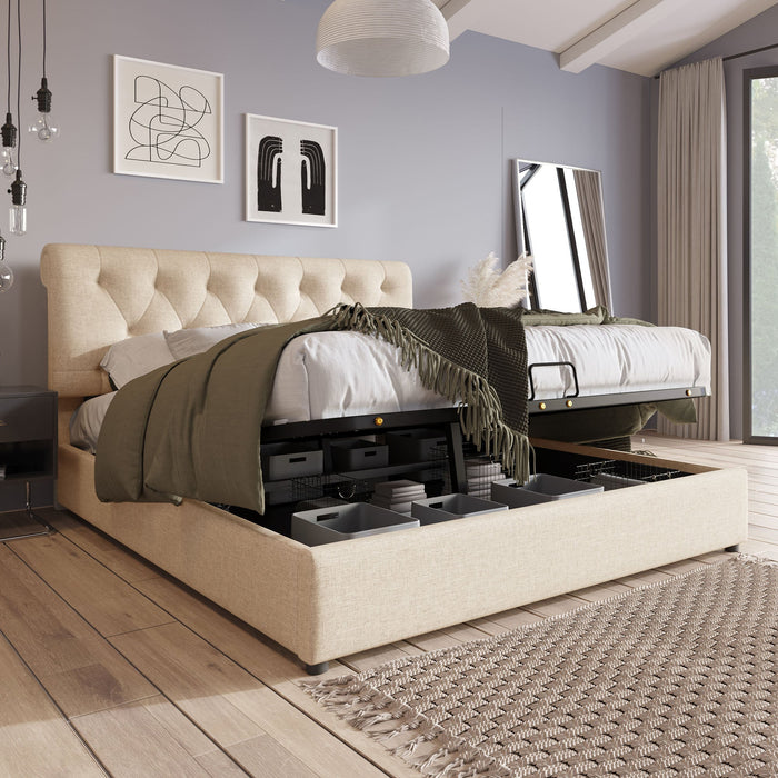 Hydraulic Double Bed, 160x200cm Upholstered with Storage, Natural