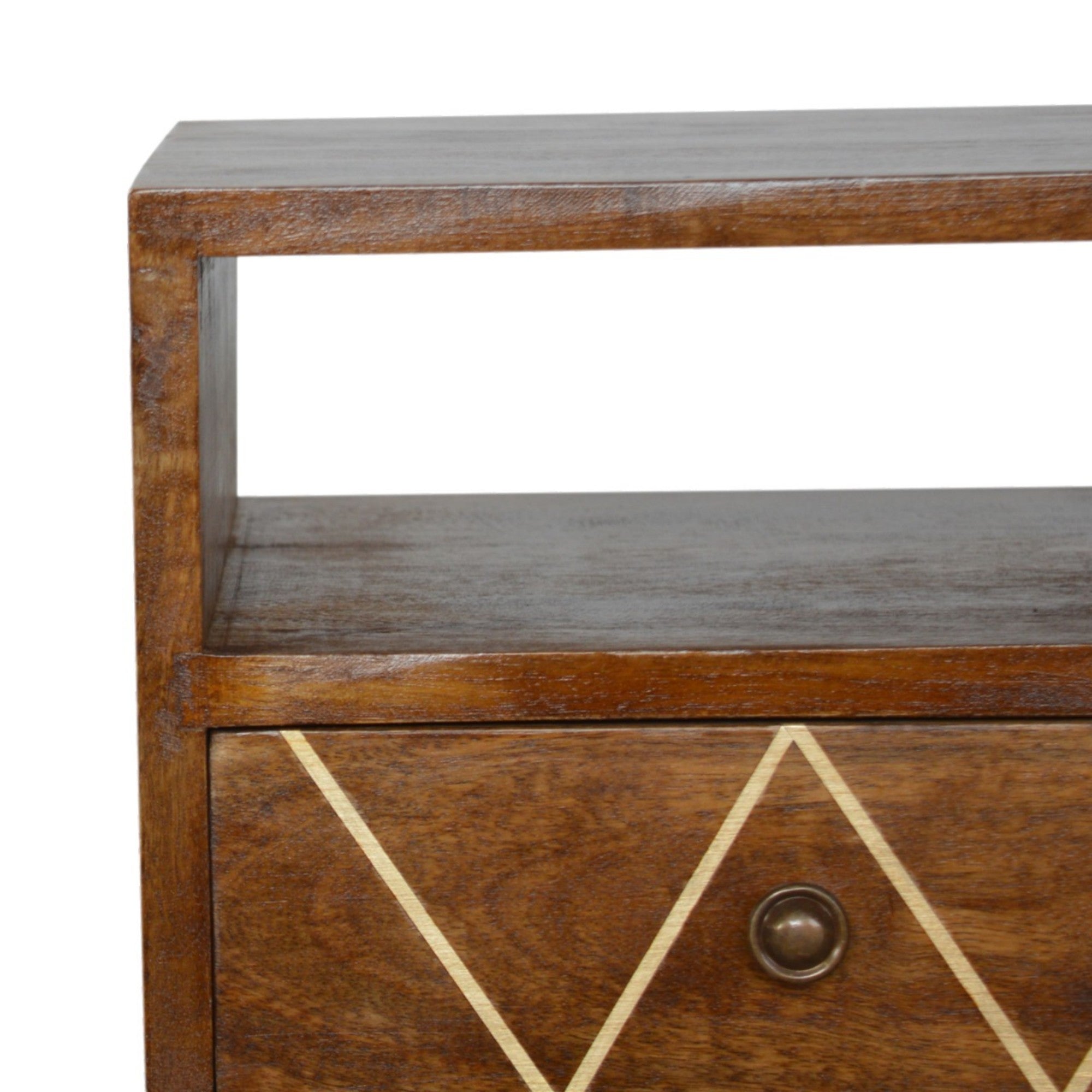 Solid Wood Mini Geo Bedside, 1 Drawer and Open Shelf, Dark Brown