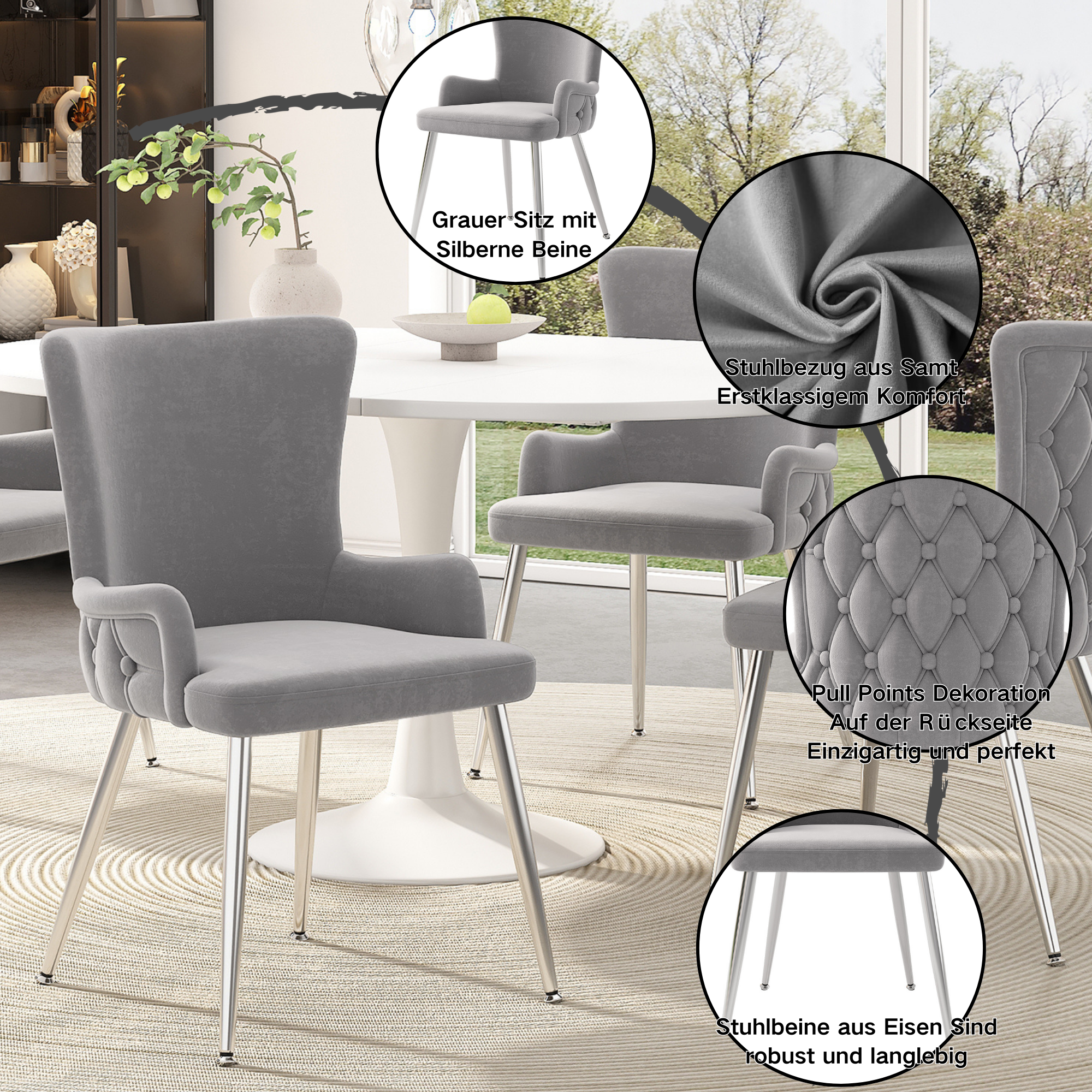 Velvet Dining Chair Set of 6, Luxurious Lounge Chair with Silver Metal Legs, Grey Velvet