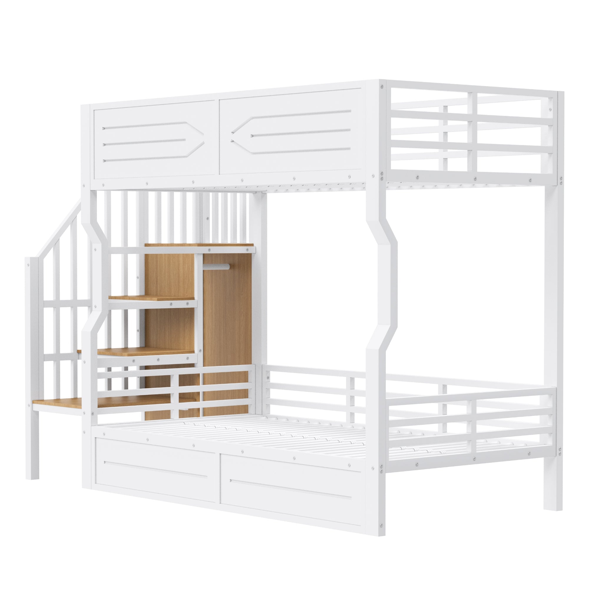Iron Bunk Bed with Cabinet-Style Storage Stairs and LED Lighting, 90x200cm, White