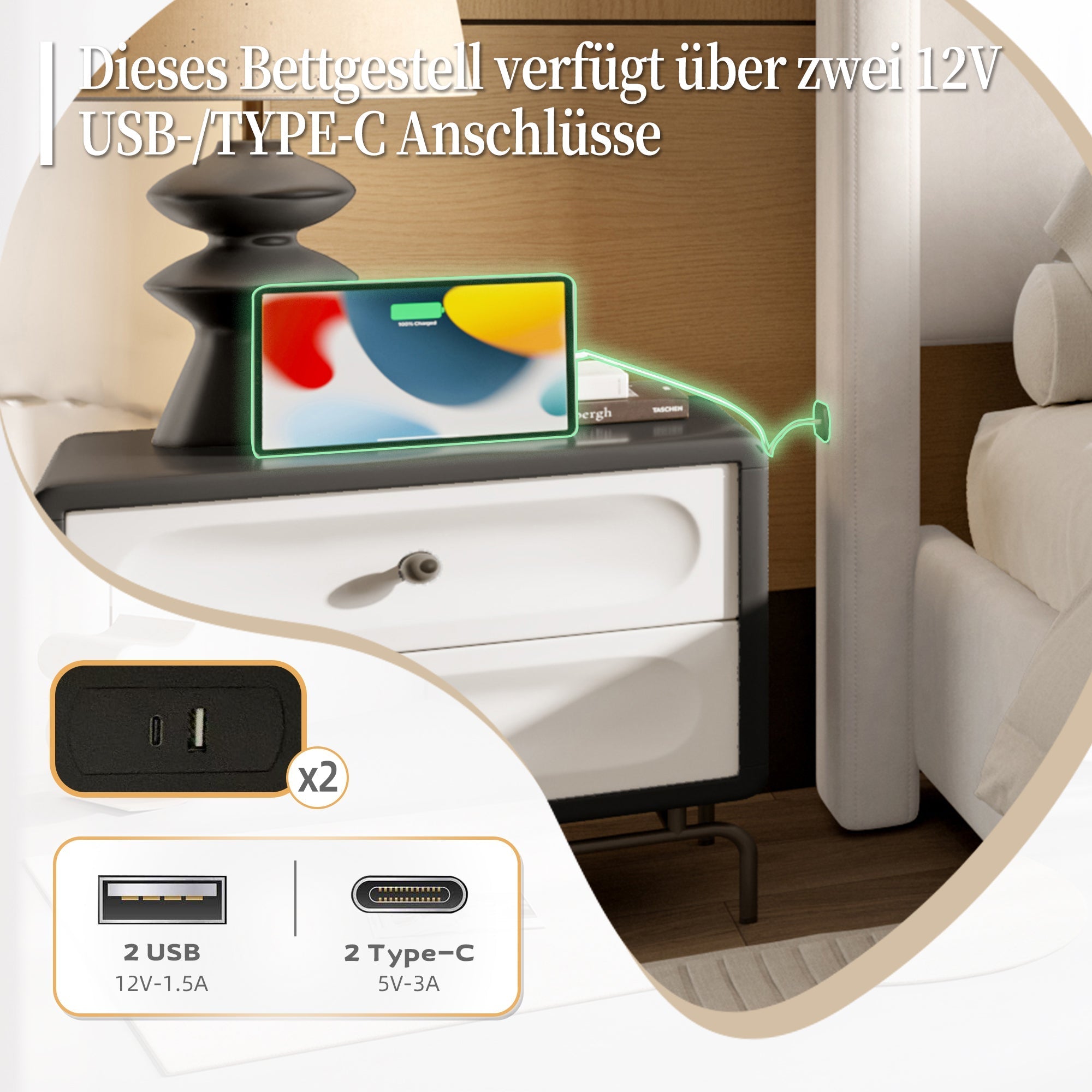 Upholstered Bed Frame, Modern High Headboard & Footboard, USB Port, Iron & Wood, Beige
