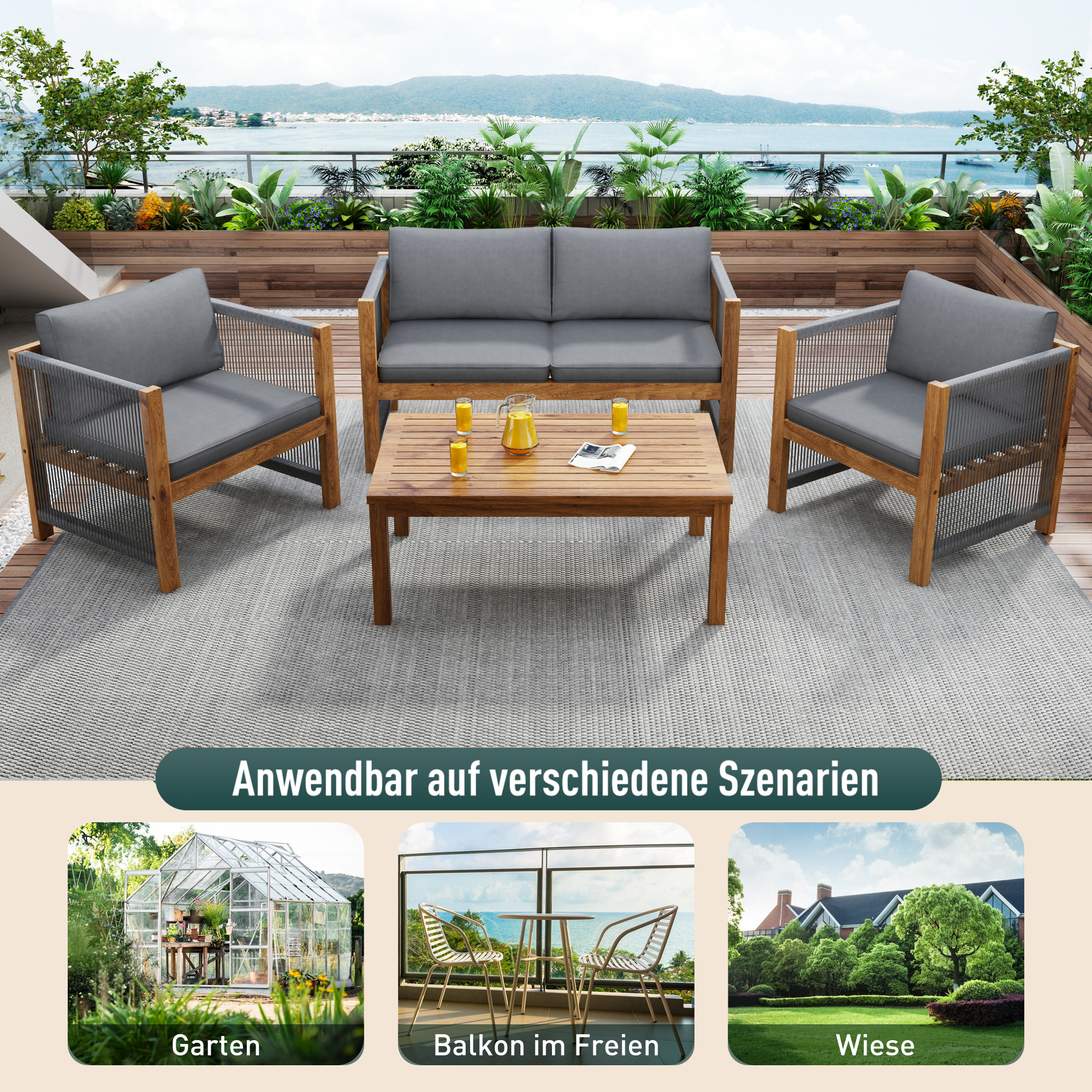 Garden Lounge Set with Sofa, 2 Armchairs and Table, Grey Rattan Look and Acacia Wood
