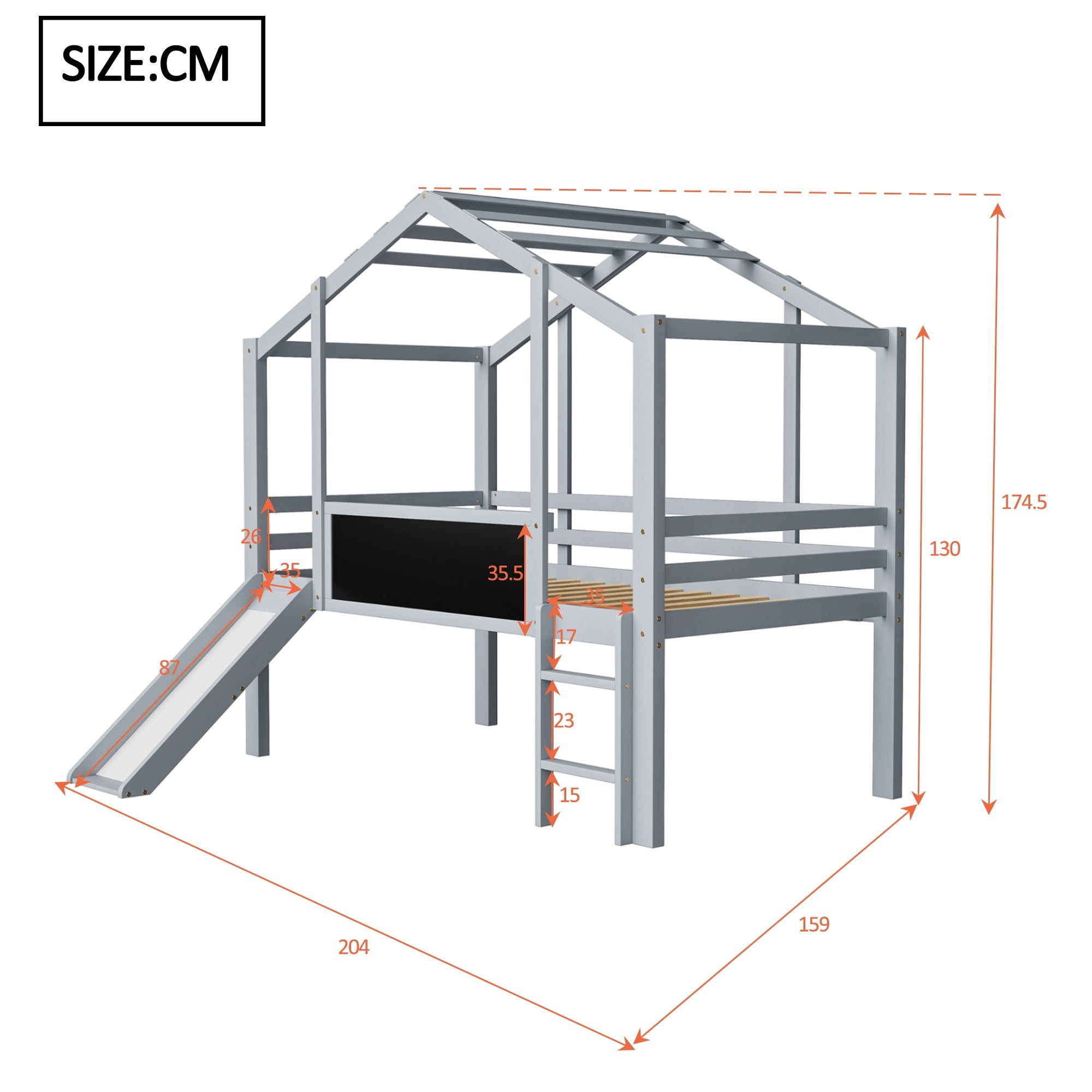 Children's Loft Bed 90x200cm, Slide, Ladder & Graffiti Board, Solid Wood Grey