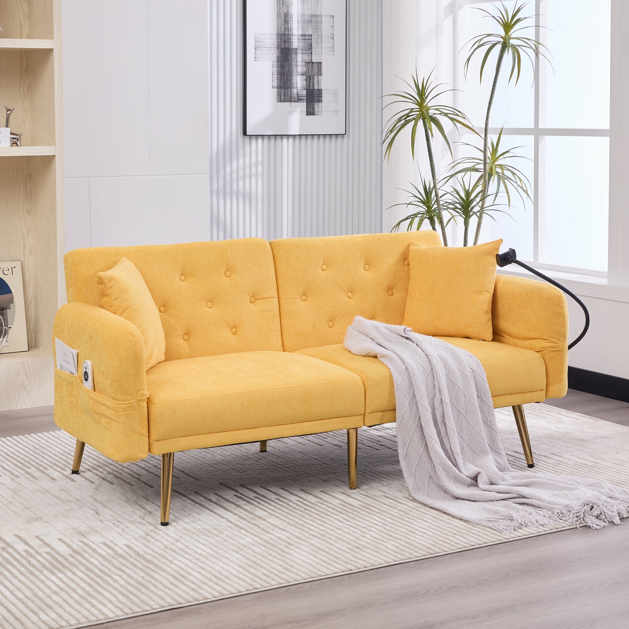 Sofa Bed, Multifunctional Folding with Adjustable Backrest, USB Ports, Side Pocket, Metal Legs