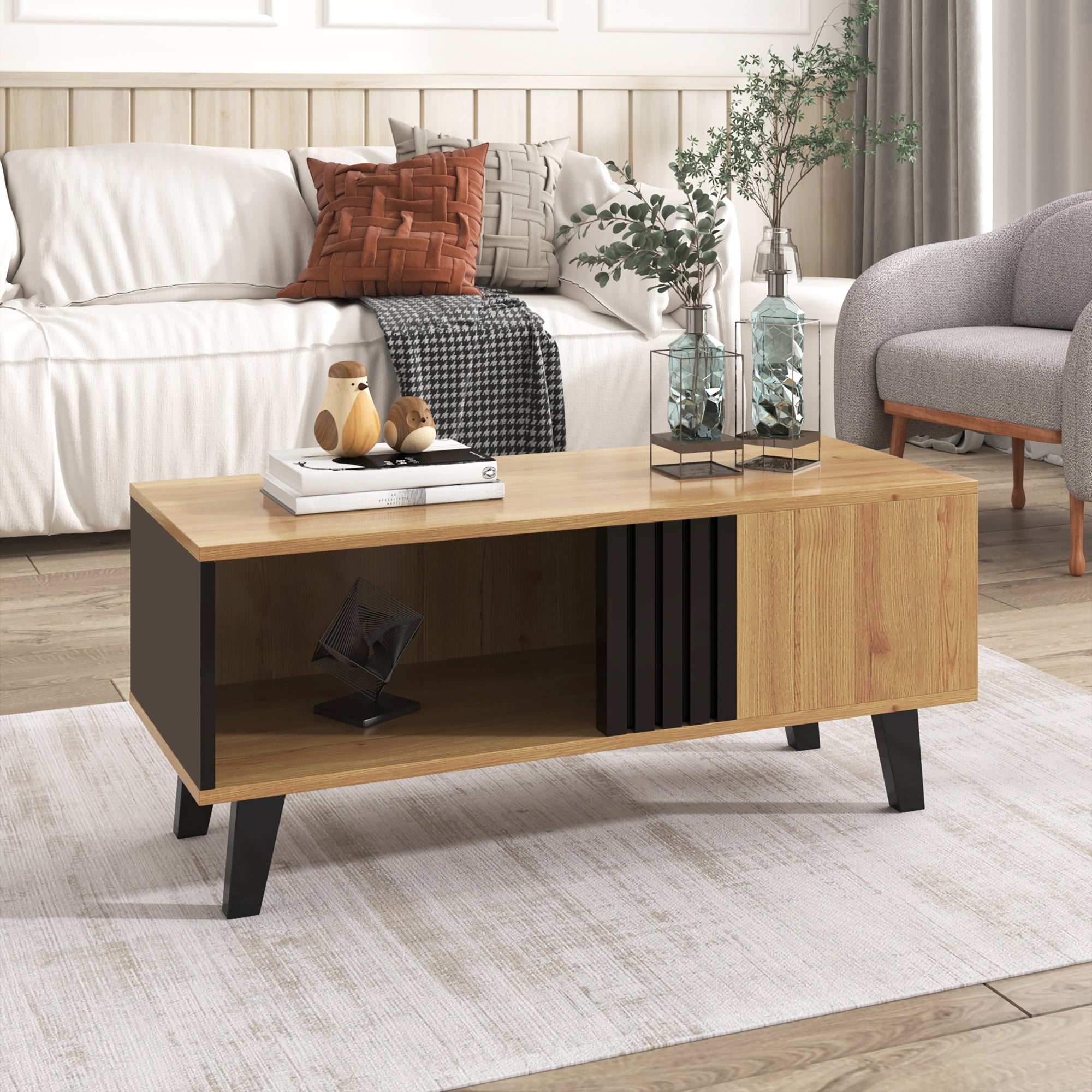 Coffee table with side table and drawer, versatile storage, wood and black design