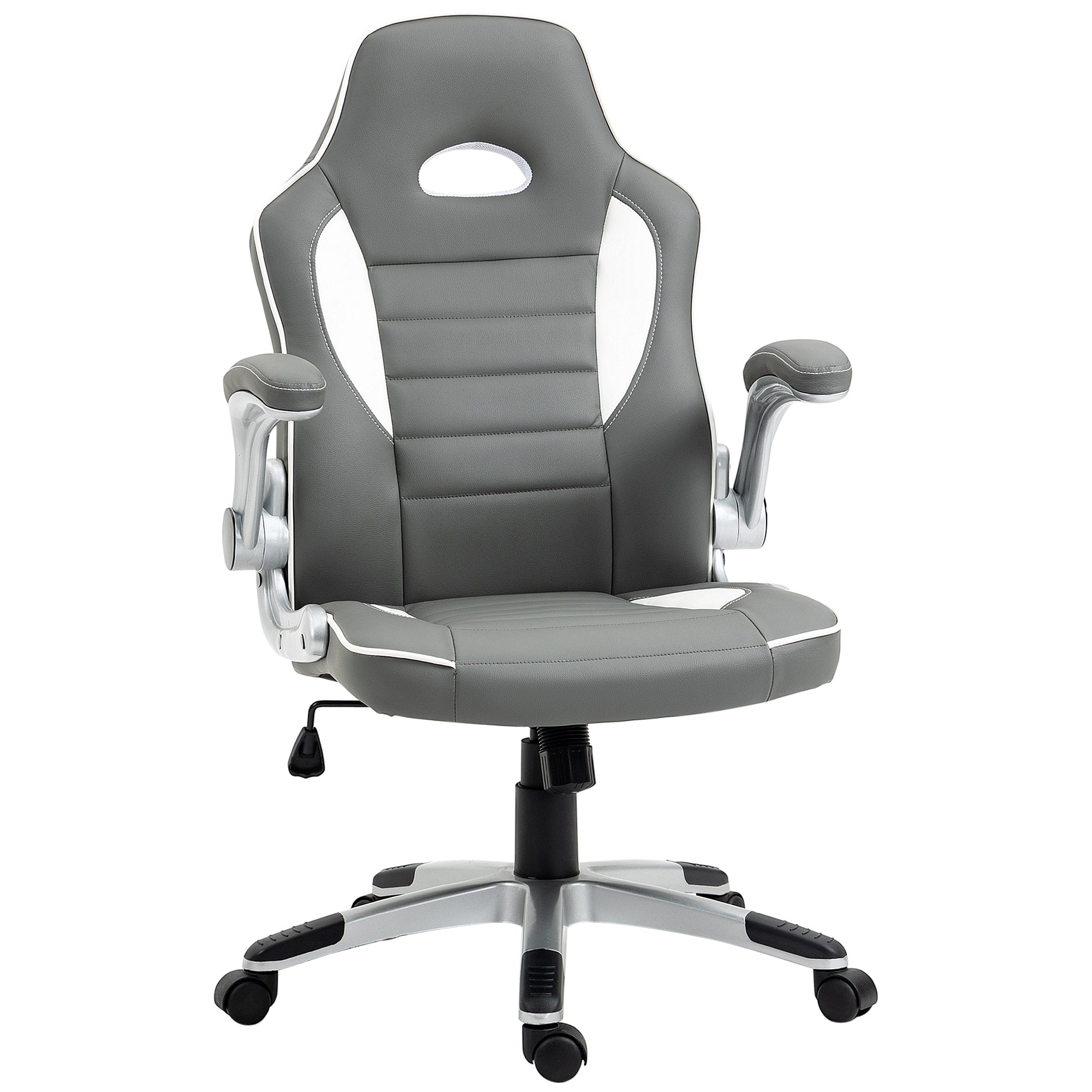 Computer Gaming Chair Adjustable Height Rolling Wheels 90° Flip-up Armrest PU Leather Grey