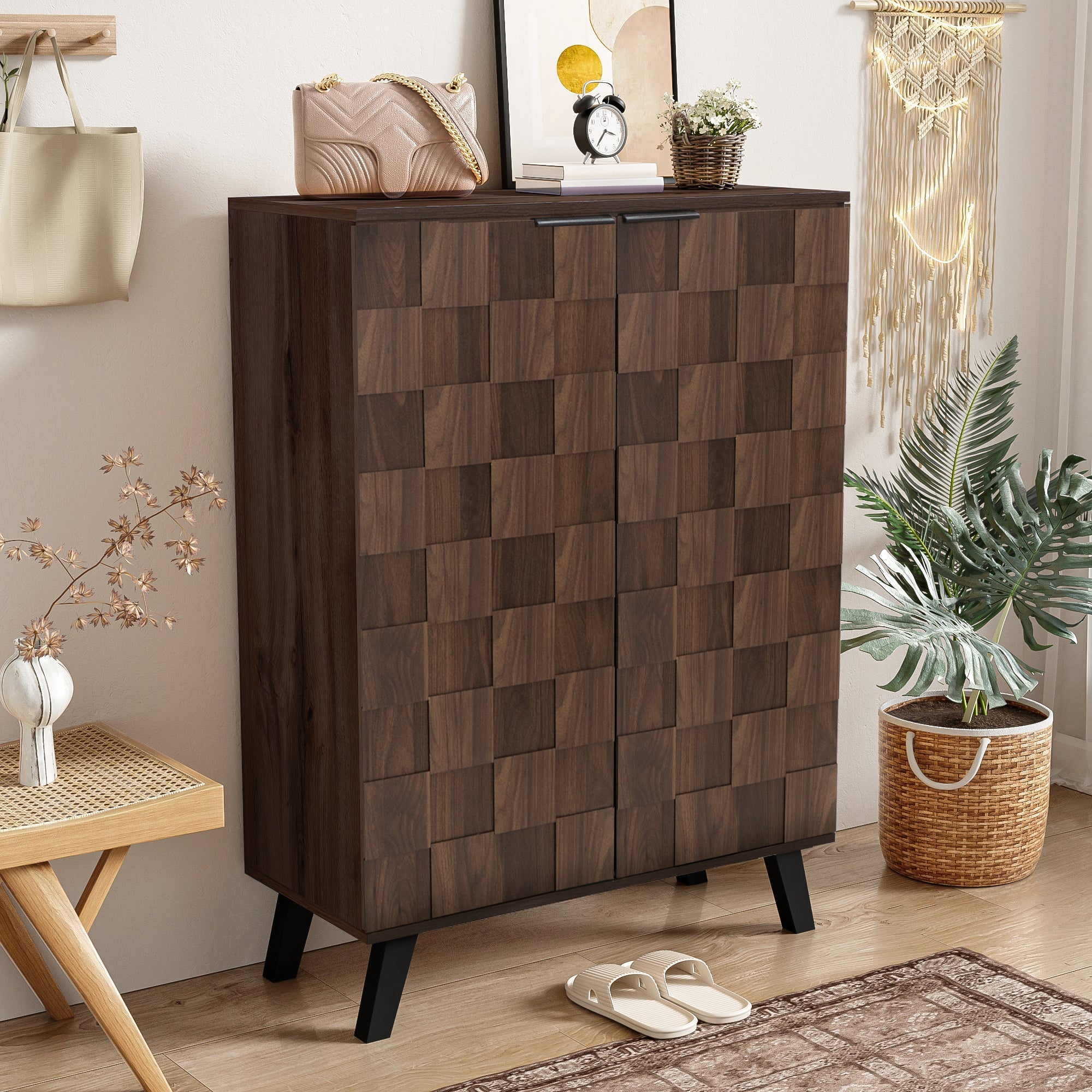 Shoe Cabinet 80x35.5x110cm 5 Compartments Adjustable Shelves - Dark Wood Grain