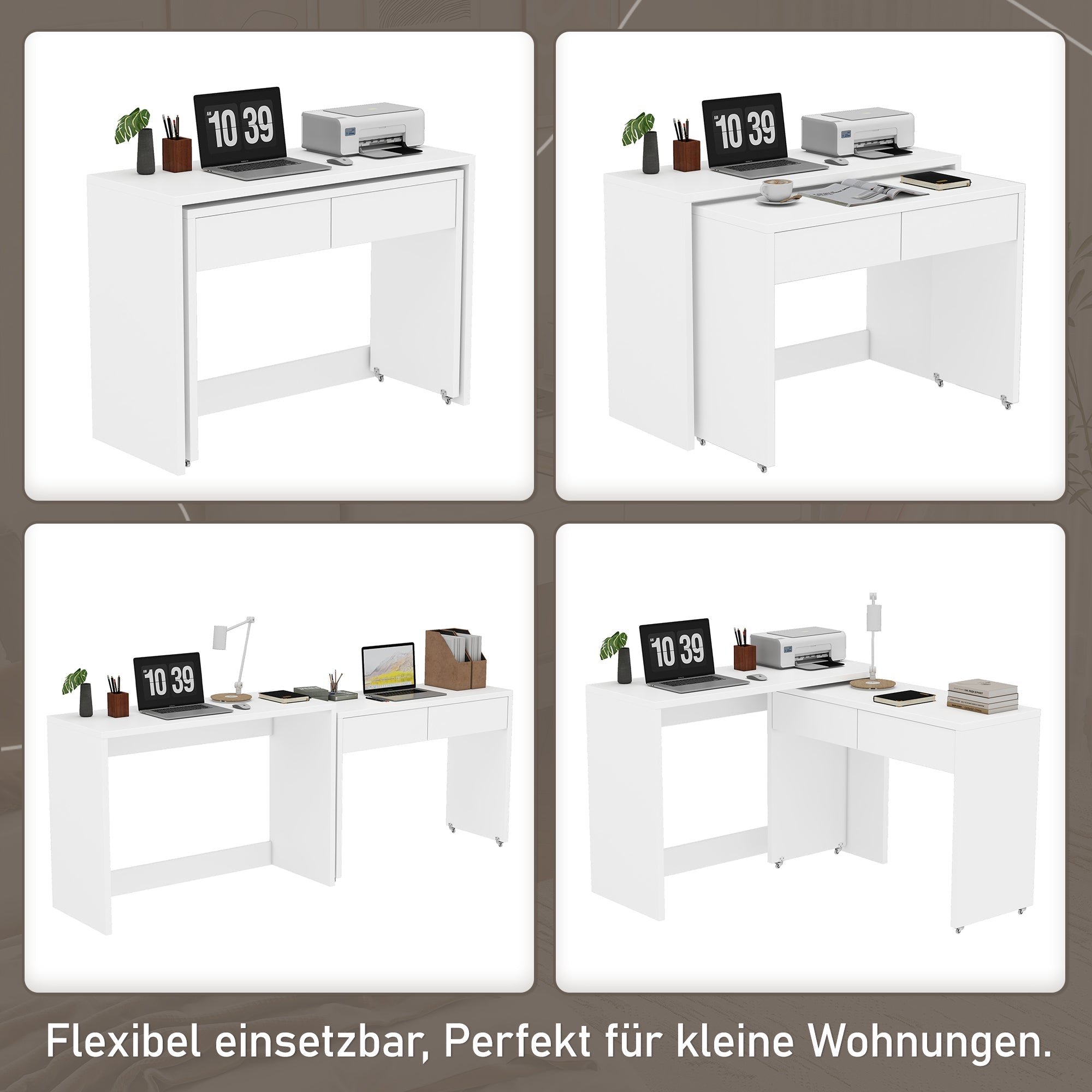 Desk + Chest of Drawers, 2-in-1 Extendable Compact Foldable, 1.8cm Thick Wood