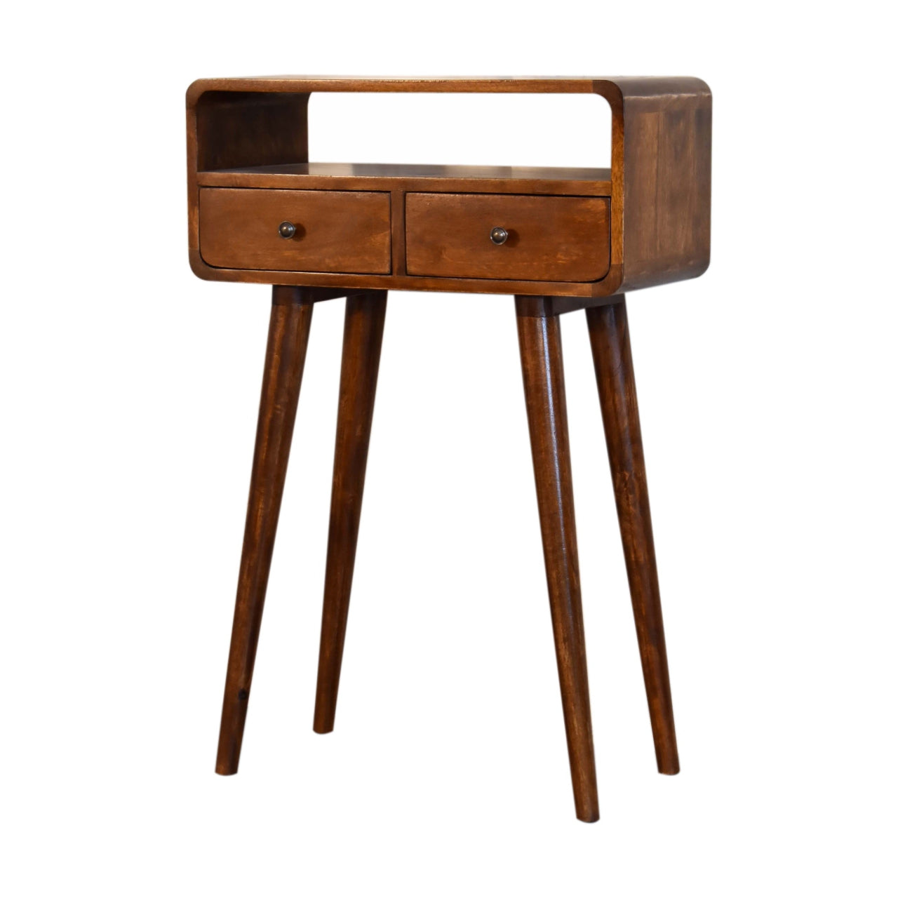 Solid Wood Mini Console Table, 2 Drawers and Open Slot, Dark Brown