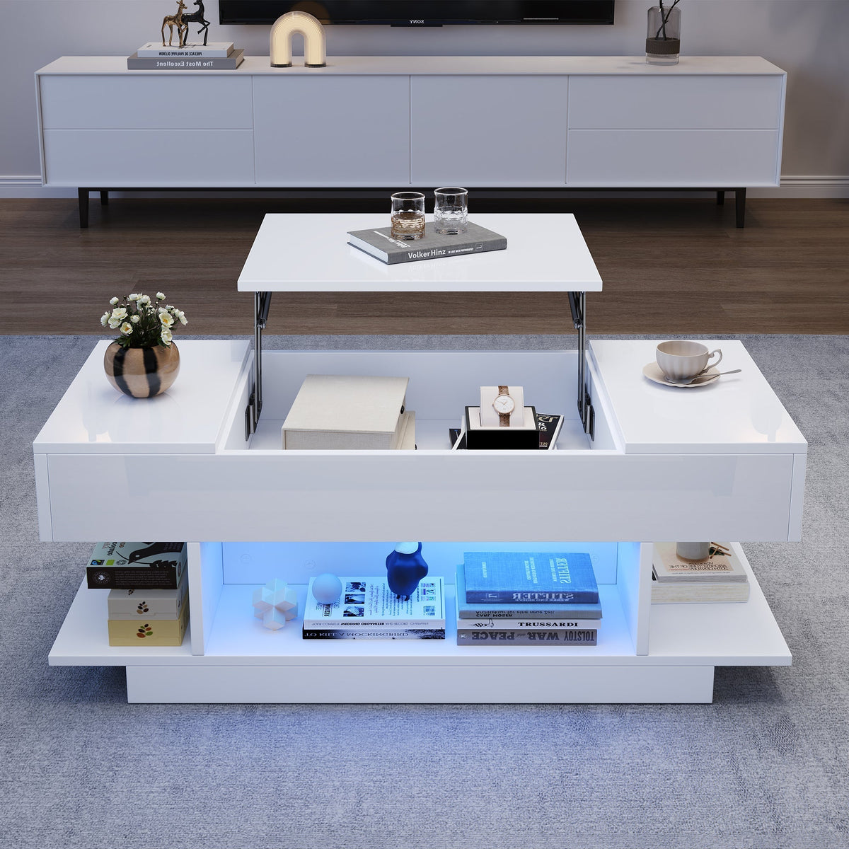 Lift Coffee Table, Height-Adjustable Storage LED, High-Gloss White