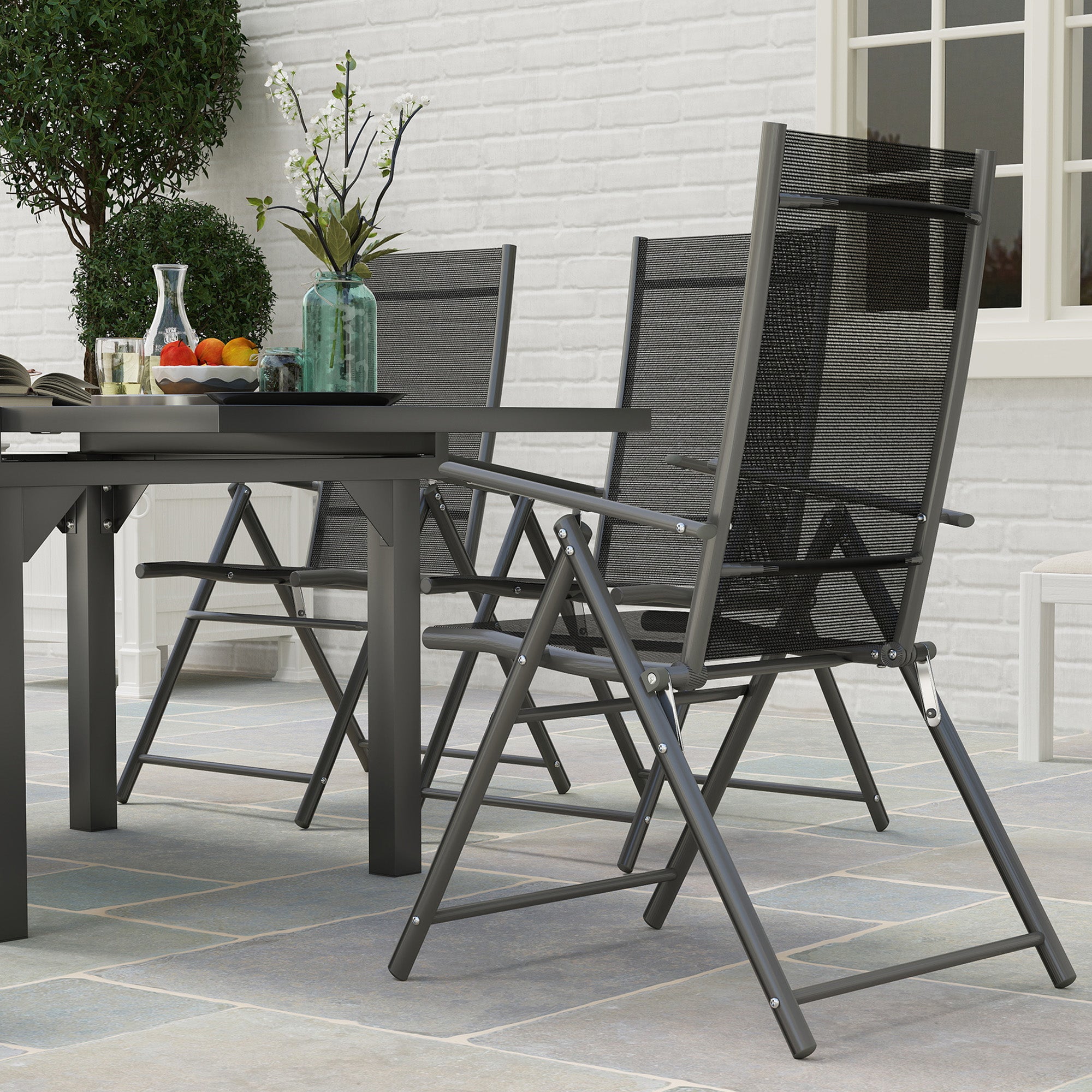 7 Piece Outdoor Dining Set with Extendable Table and 6 Folding Chairs, Grey Steel