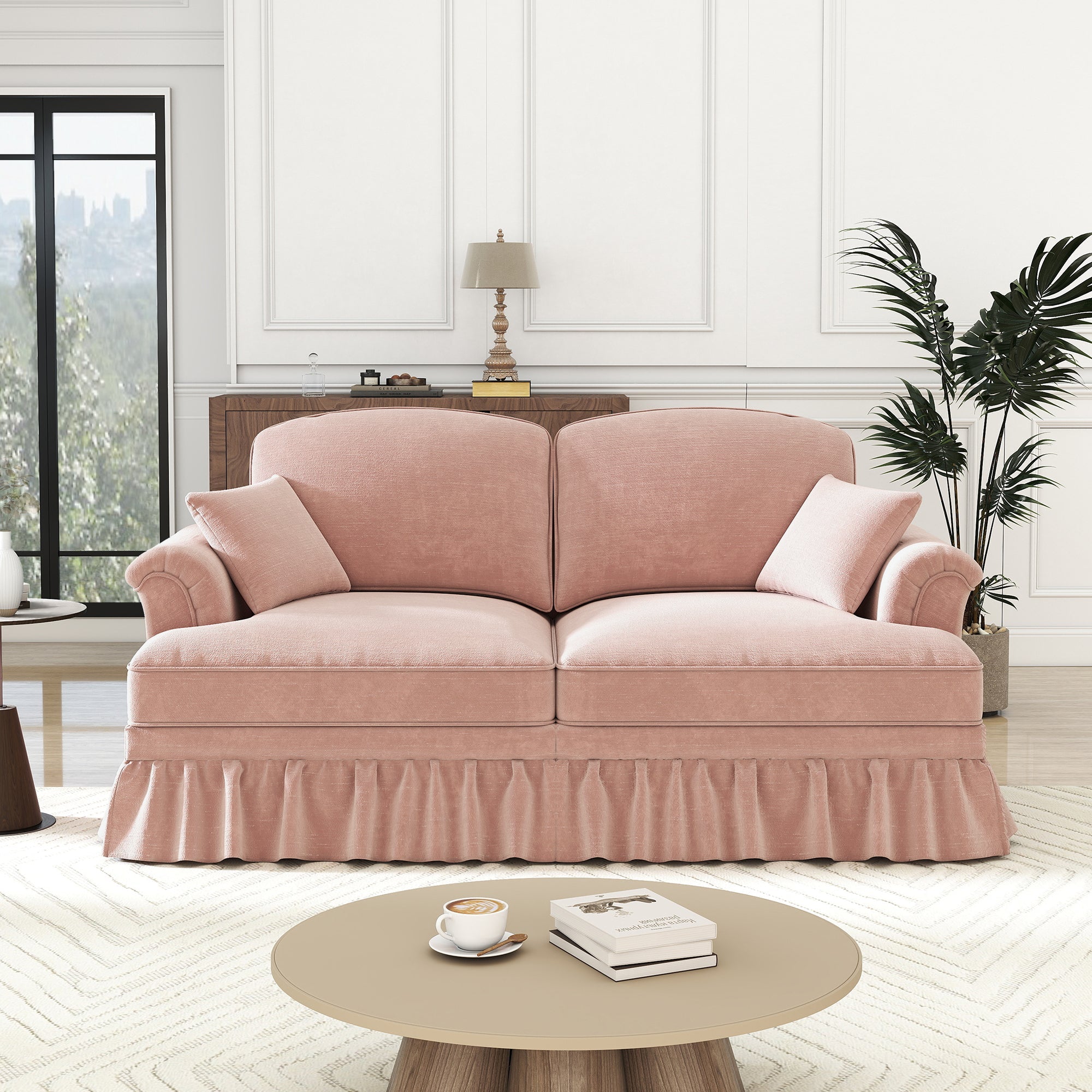 2-Seater Sofa Elegant Mid-Century Flared Armrests - Chenille Pink