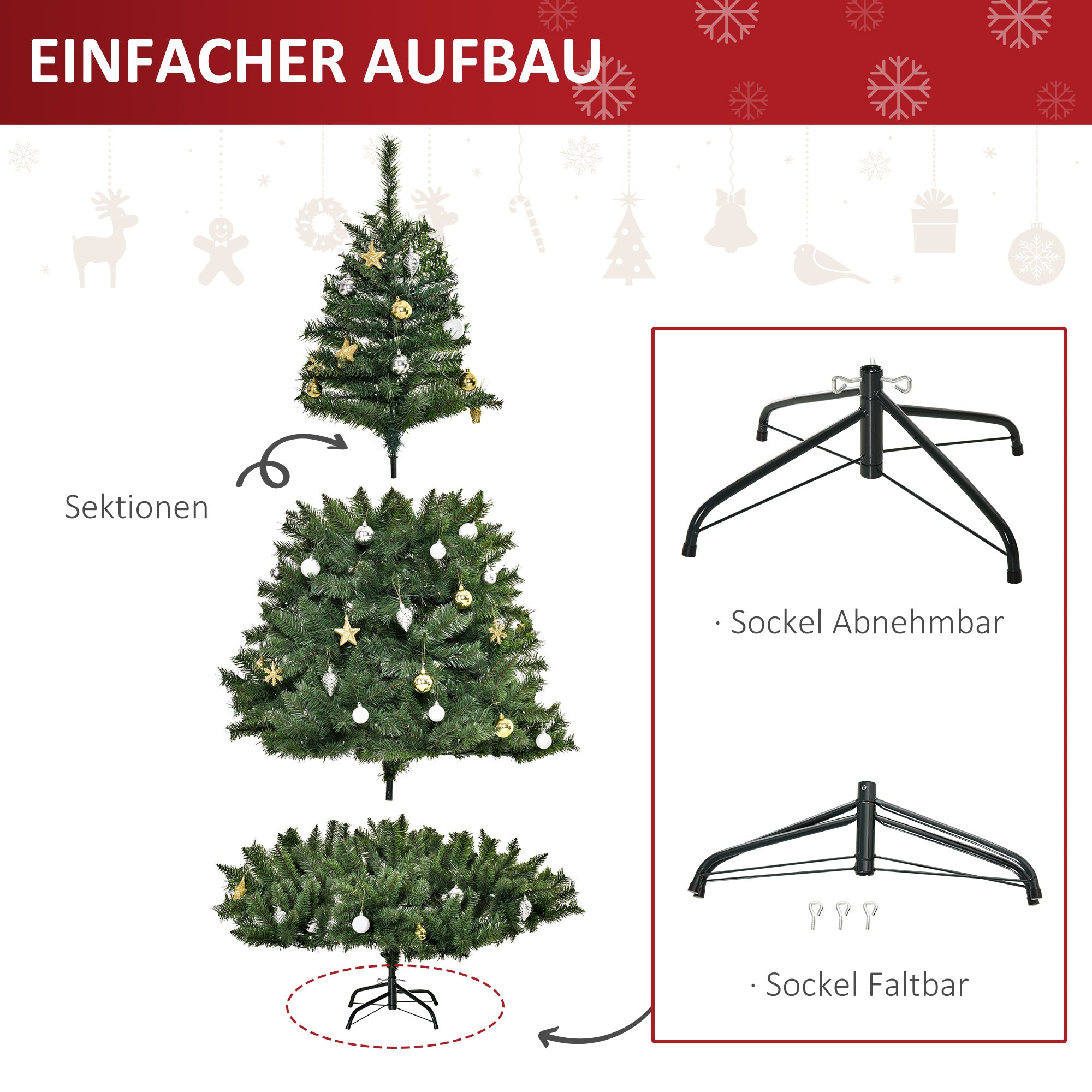 Artificial Christmas Tree 180 cm, Artificial Fir Tree with LED Lighting, Baubles, Christmas Tree with 745 Tips, Christmas Decoration Including Metal Stand for Indoor Use