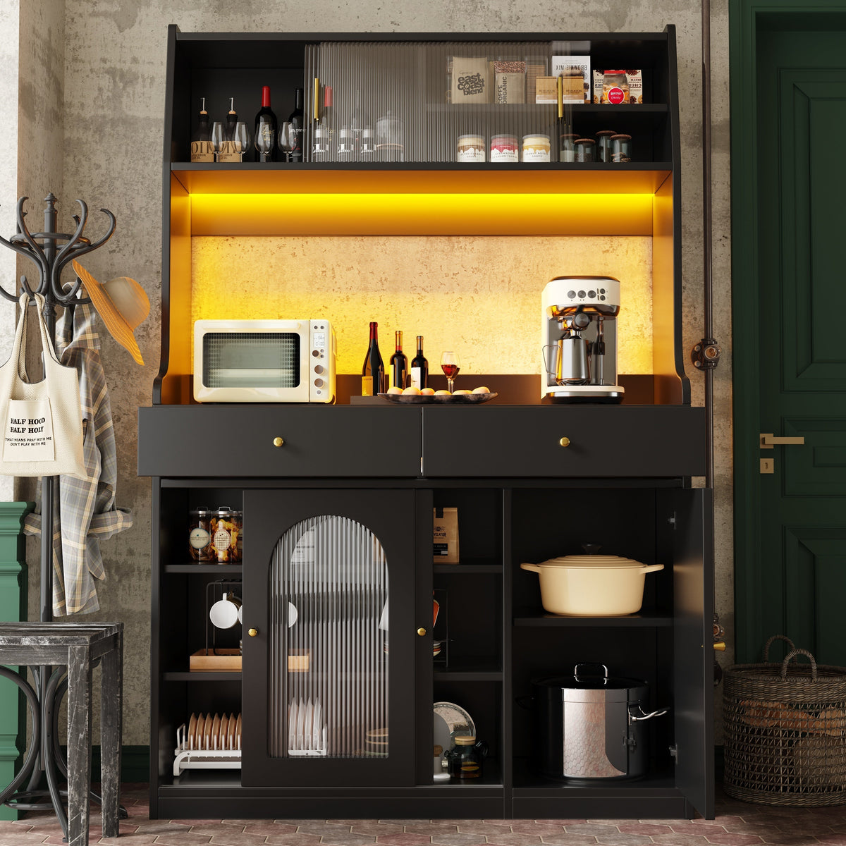 Tall Cabinet Sideboard with LED Adjustable Shelves & 2 Drawers - Black