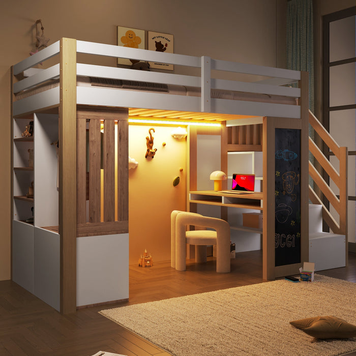 Loft Bed 90x200 with Desk, Wardrobe and LED Lighting, White and Natural