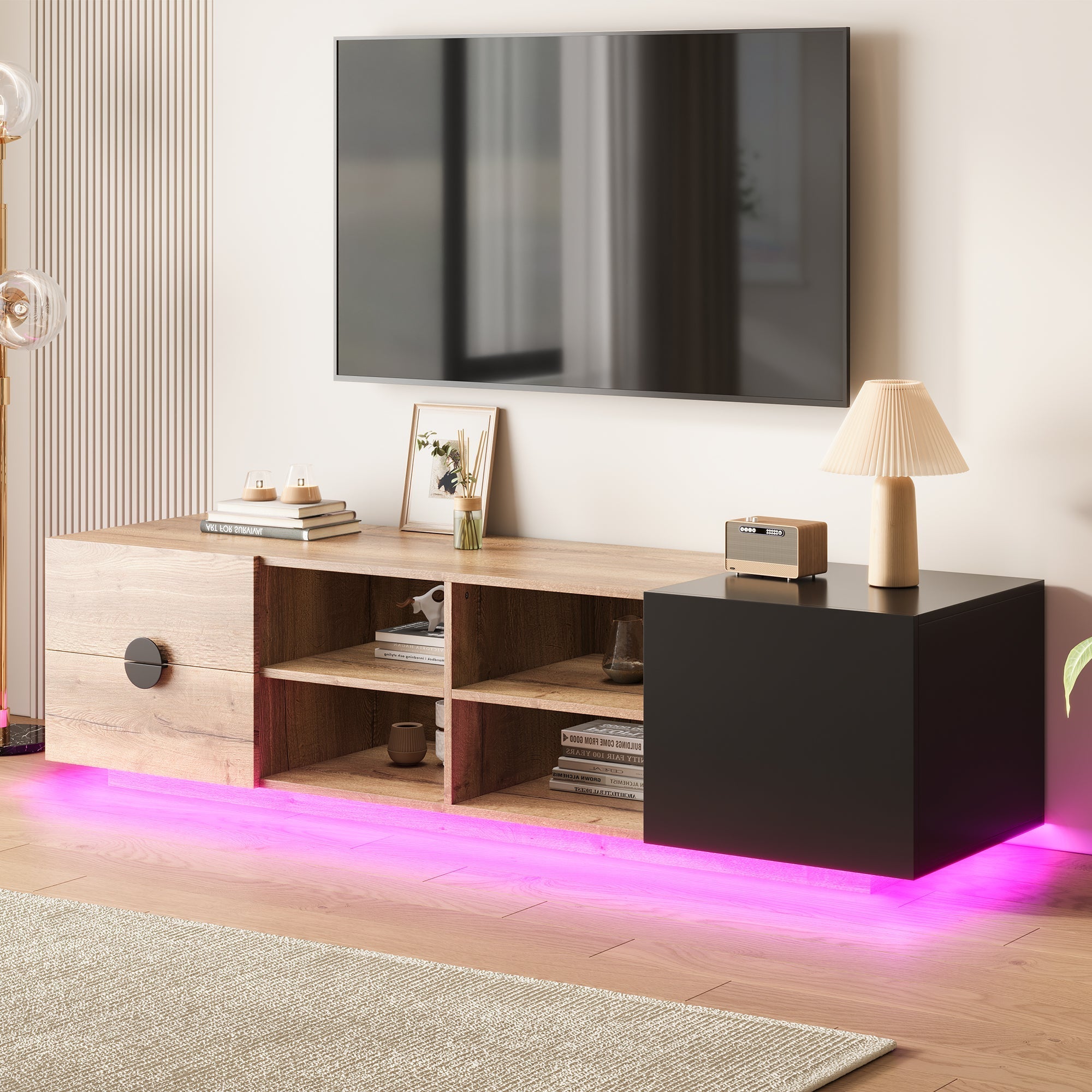 TV Cabinet with Drawer, Open Compartment and LED Lighting, Wood and Black Wood Contrast
