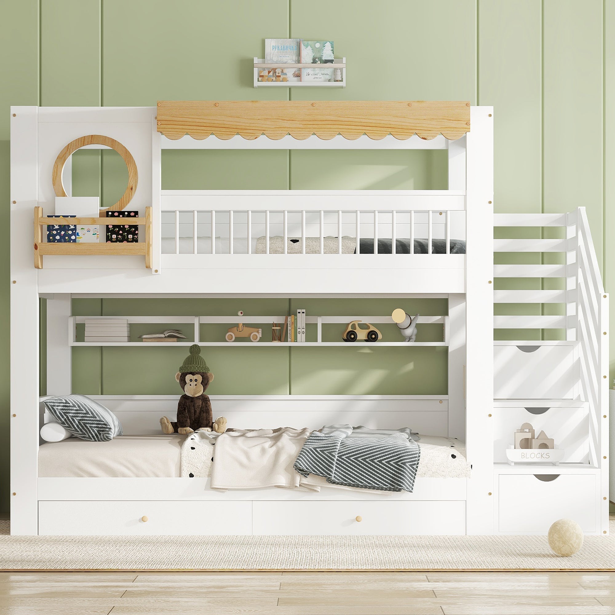 Bunk Bed with Storage Drawers, Staircase Wardrobe, 90x200cm, Pine + MDF White/Natural