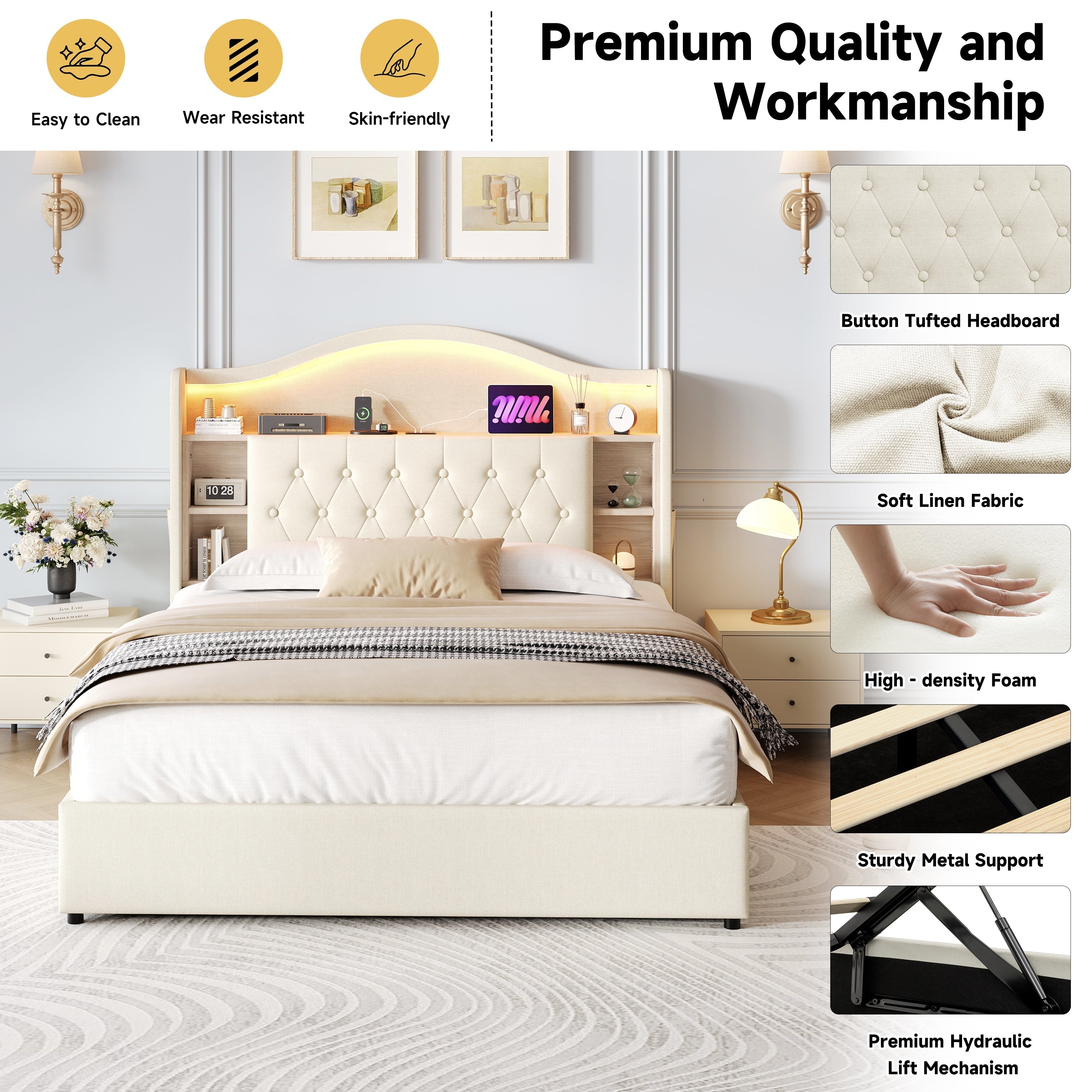 4ft6 Double Upholstered Bed Frame with Hydraulic Storage, LED Headboard & Charging Ports, Linen Beige