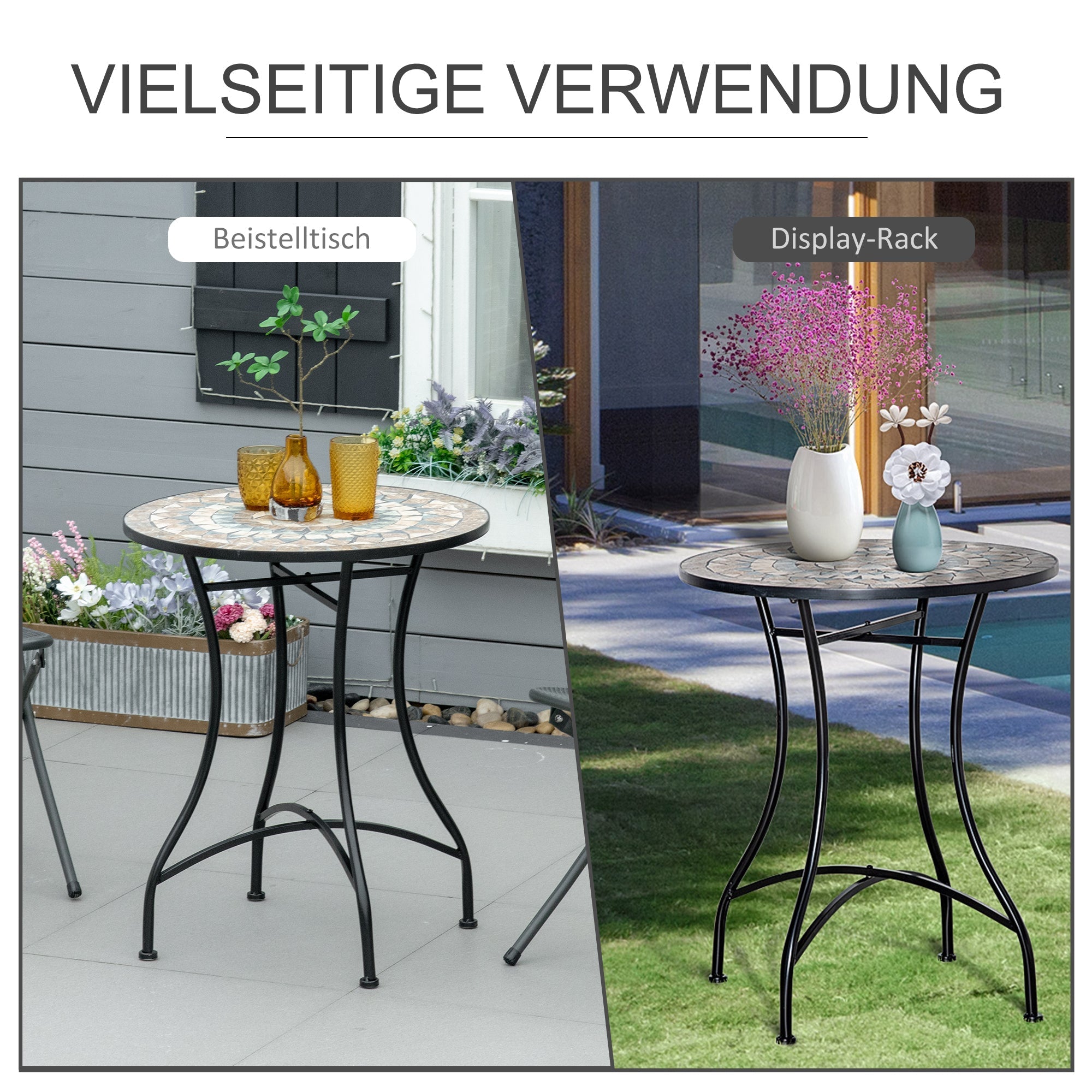 Mosaic Garden Table Round Ø60cm Balcony Side Table Steel Ceramic Orange/White