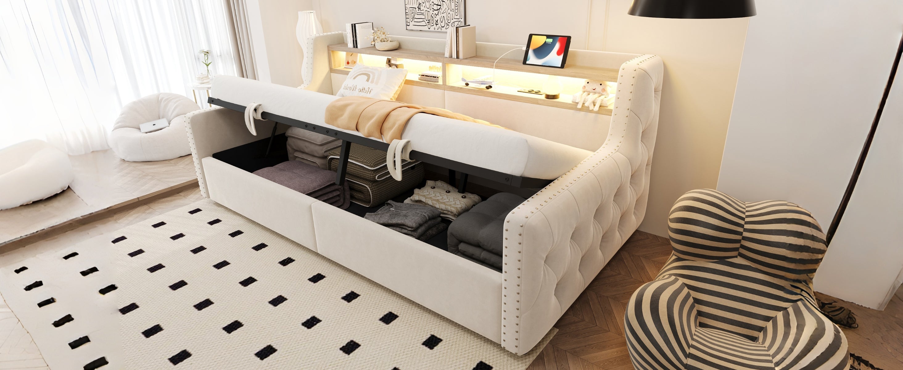 Upholstered Sofa Bed with Hydraulic Storage, LED Lighting and Charging Station, 90x200cm, Beige Velvet