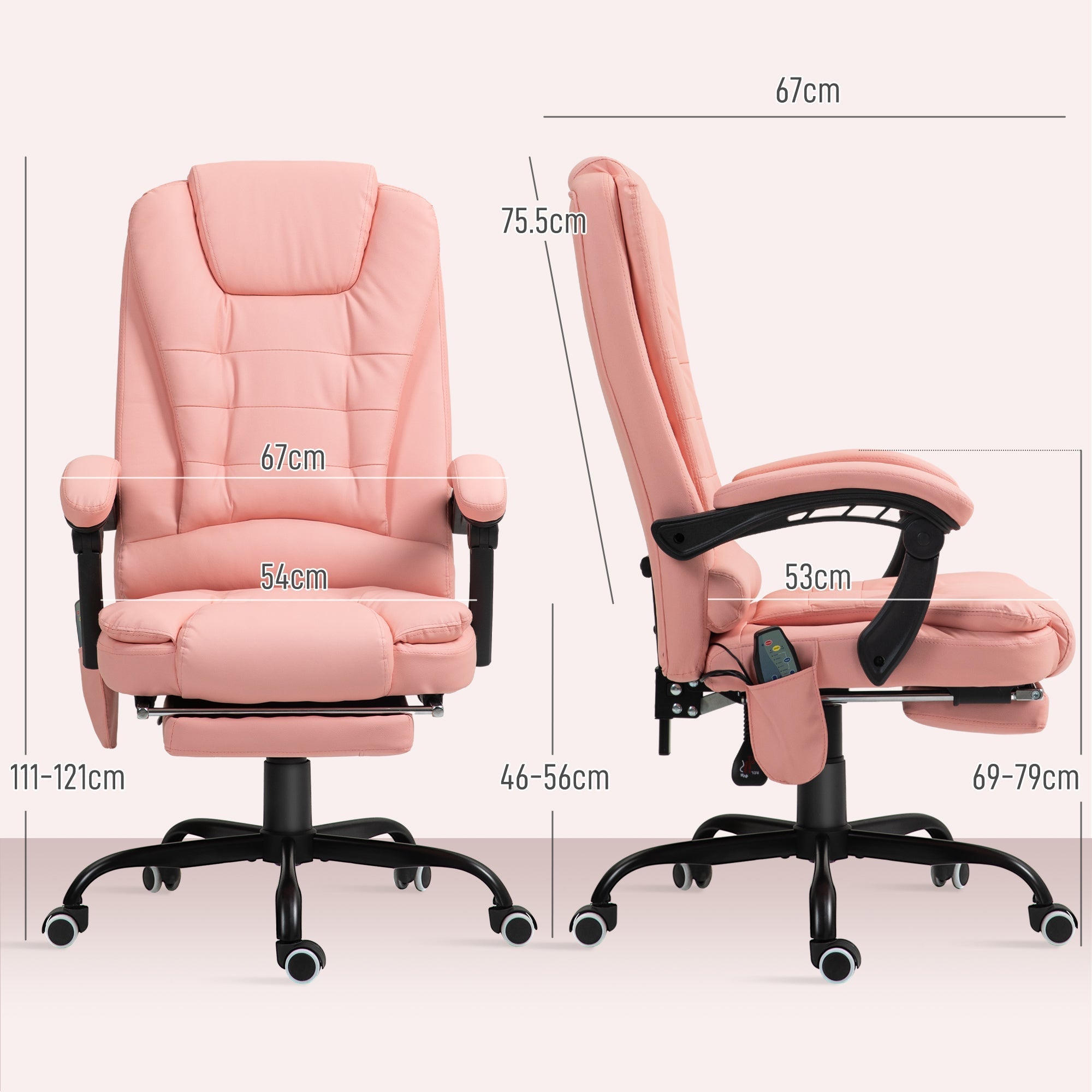 Office Chair, 7-Point Massage Reclining Height-Adjustable 120 kg Capacity, Pink