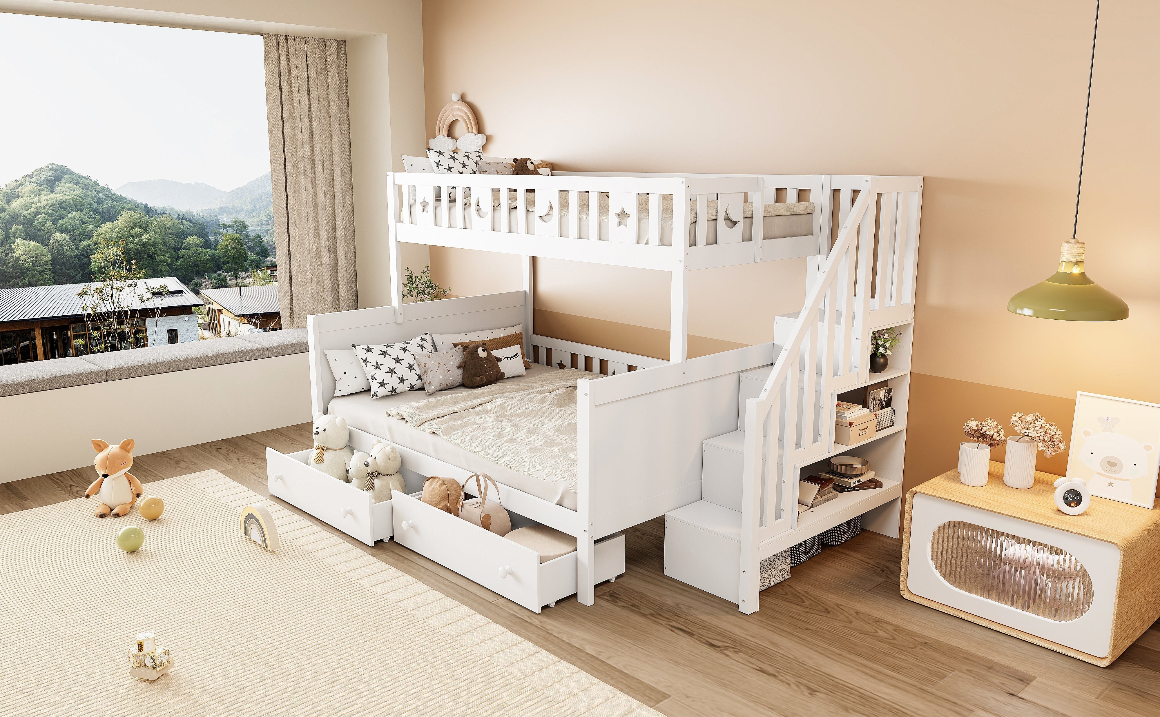 Children's Bunk Bed 90*200/140*200cm Safety Stairs Drawers Slatted Base, Solid Wood White
