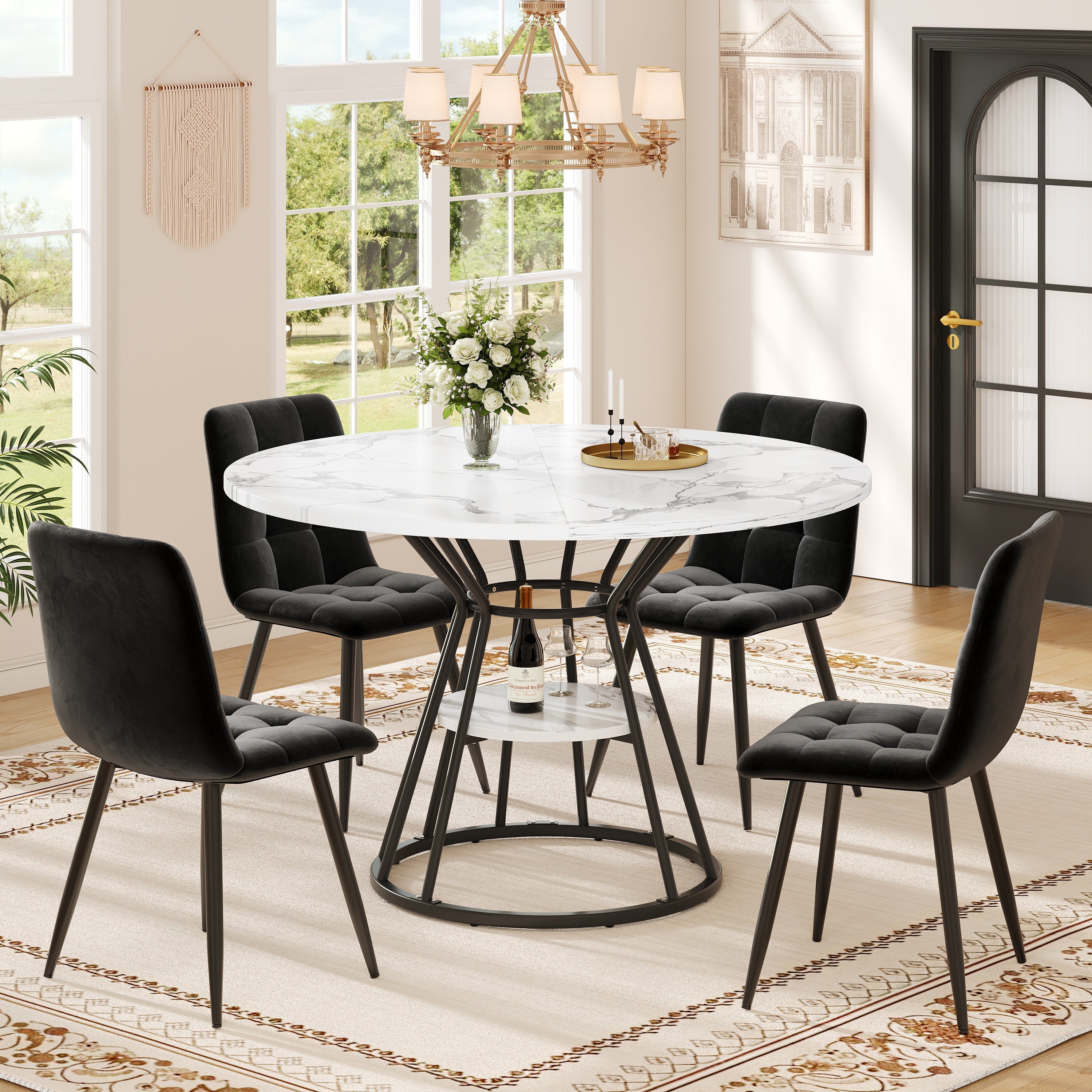 5-Piece Round Dining Table Set with 4 Velvet Chairs and Marble Top, Black
