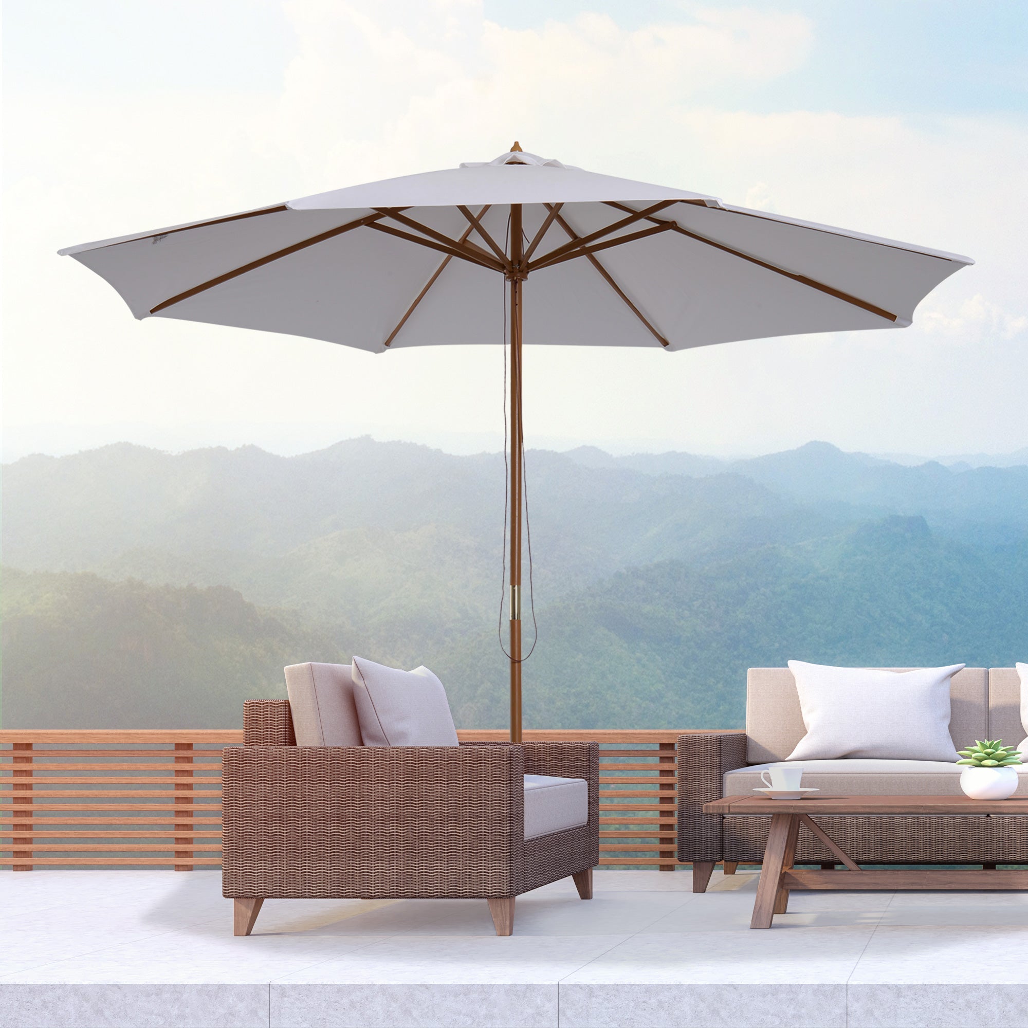 Wooden Parasol 300 cm Garden Balcony Bamboo Cream White