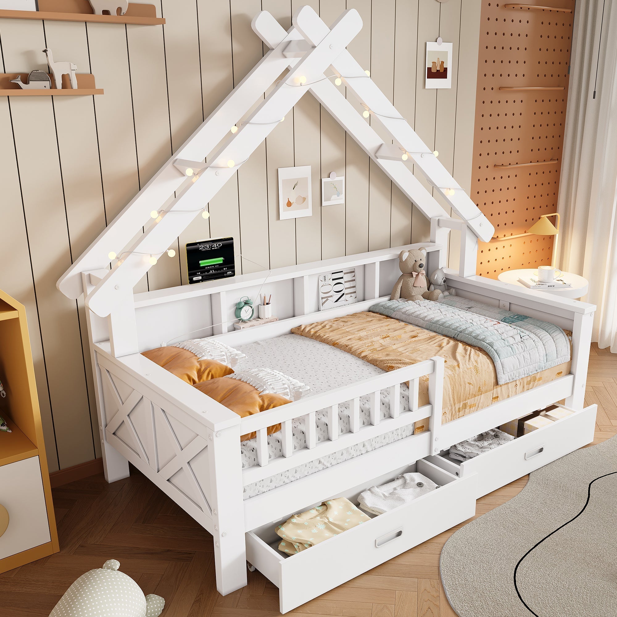 Wooden House Platform Bed with LED Lighting, Storage and Safety Rails, White