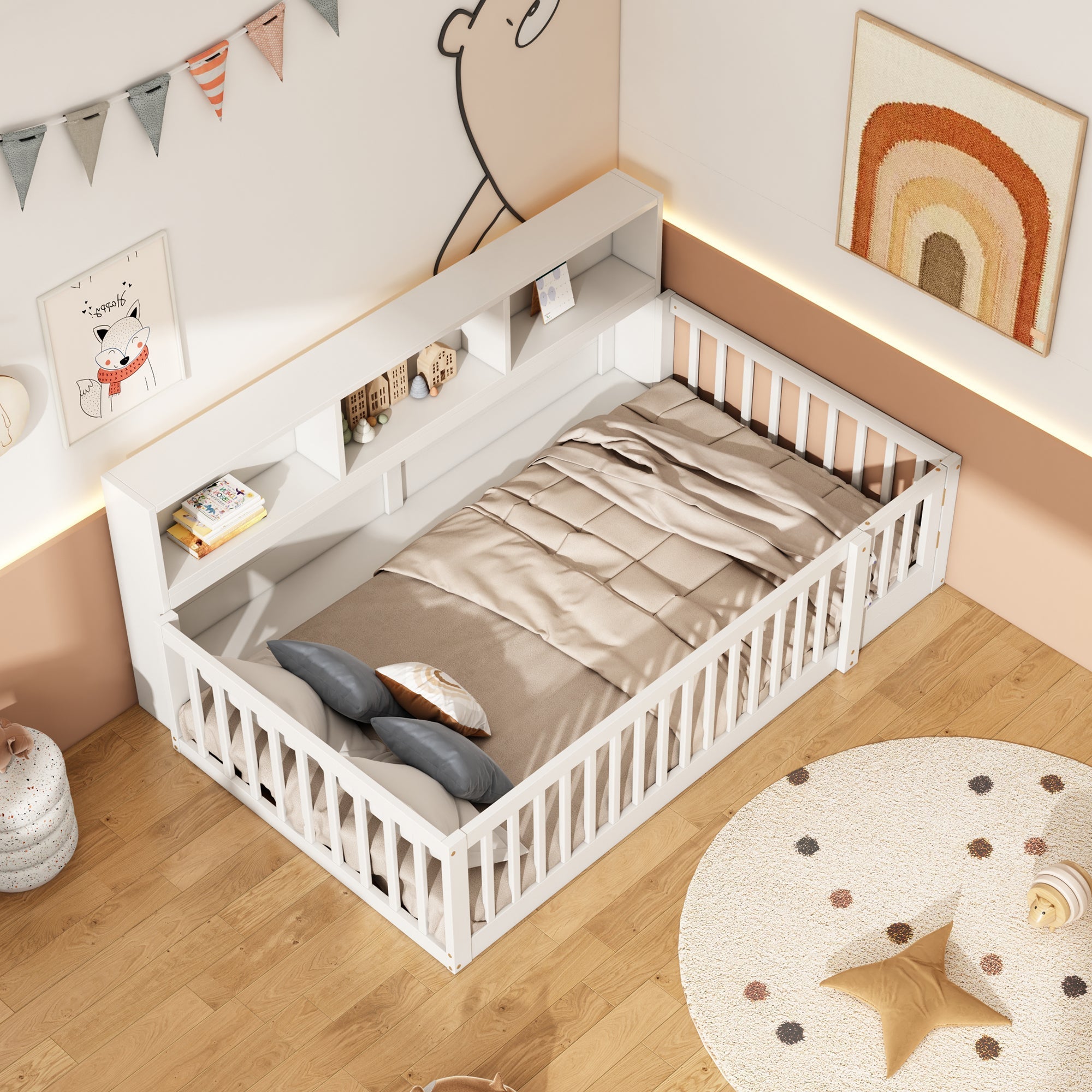 Daybed Sofa Bed 90x200cm Storage Compartment Railing - Pine Wood White