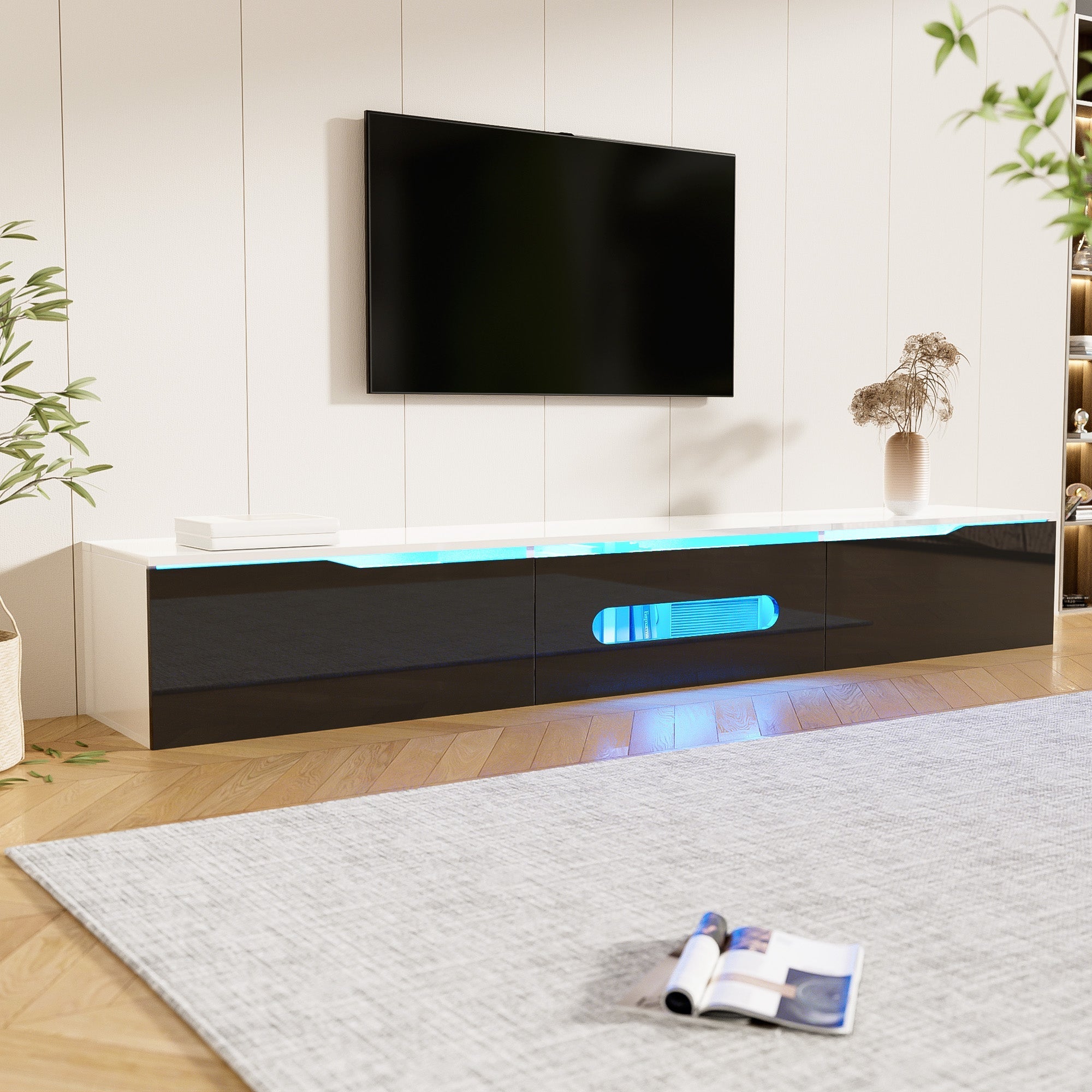 TV Cabinet 180cm LED Wall-Mountable High-Gloss Black and White
