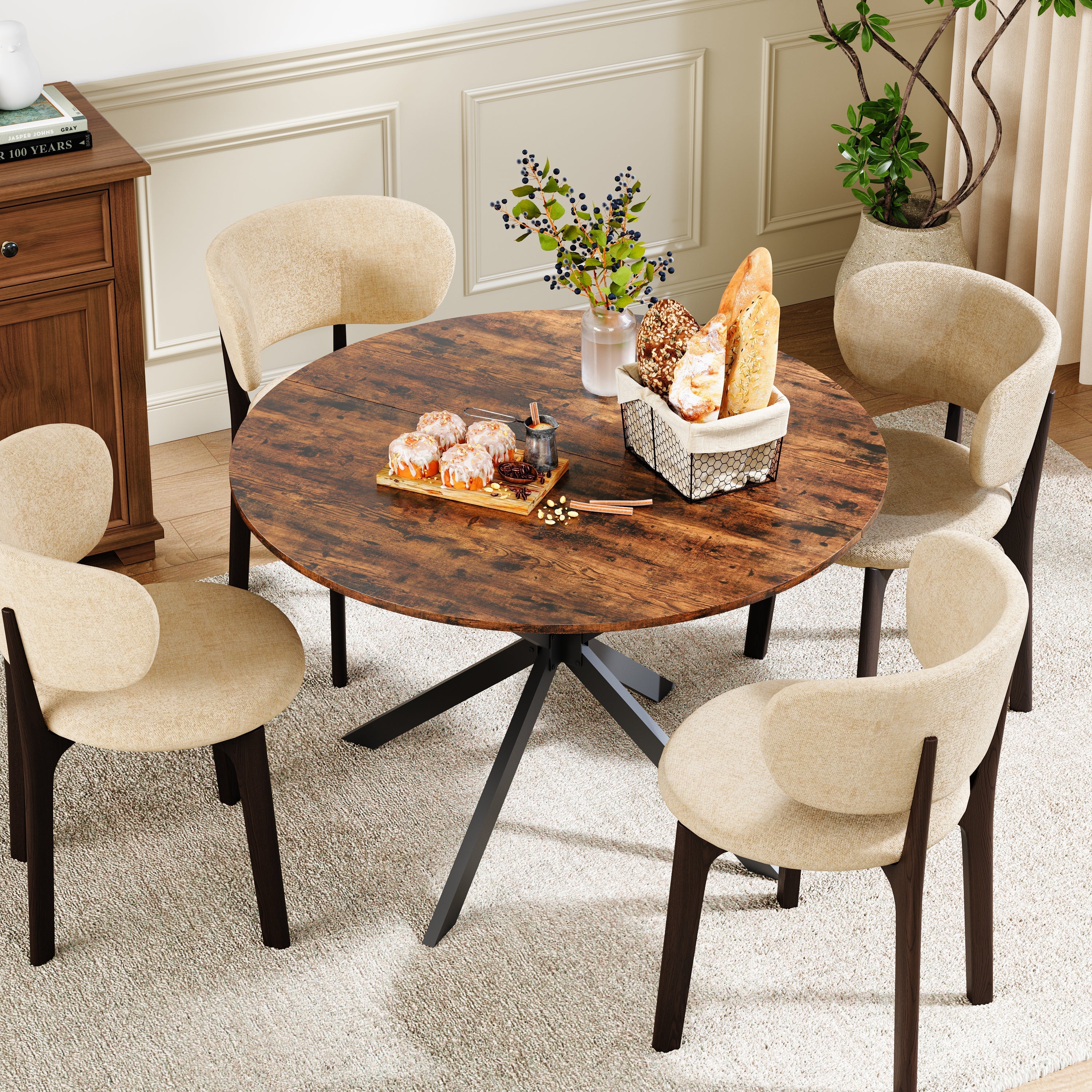 Round Dining Table 120cm Industrial X-Legs Vintage Brown-Black