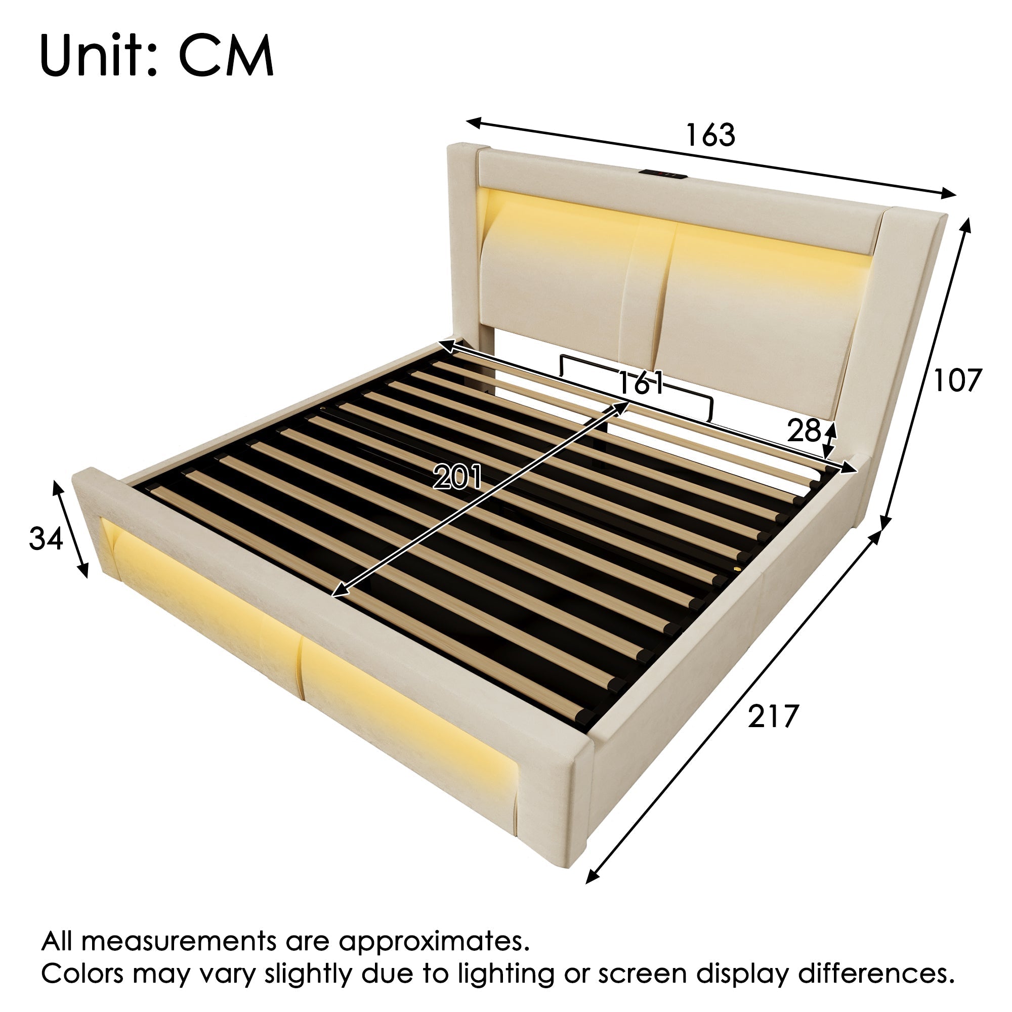 Double Bed with Hydraulic Storage, LED Lighting and Charging Ports, Beige Velvet