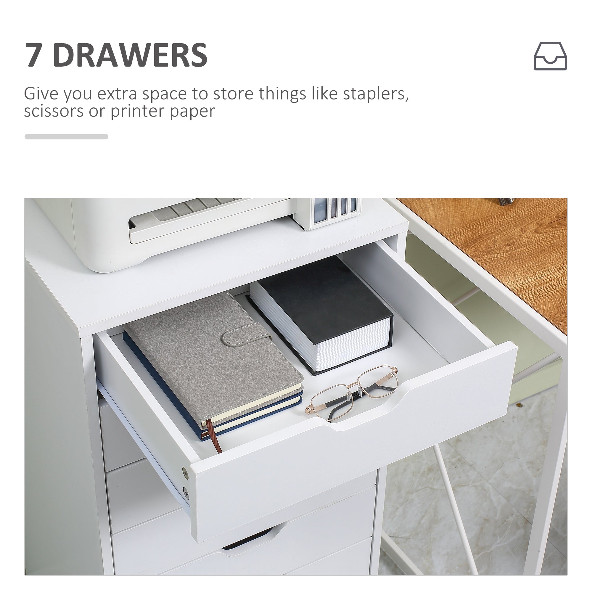 Seven-Drawer Filing Cabinet with Wheels - White