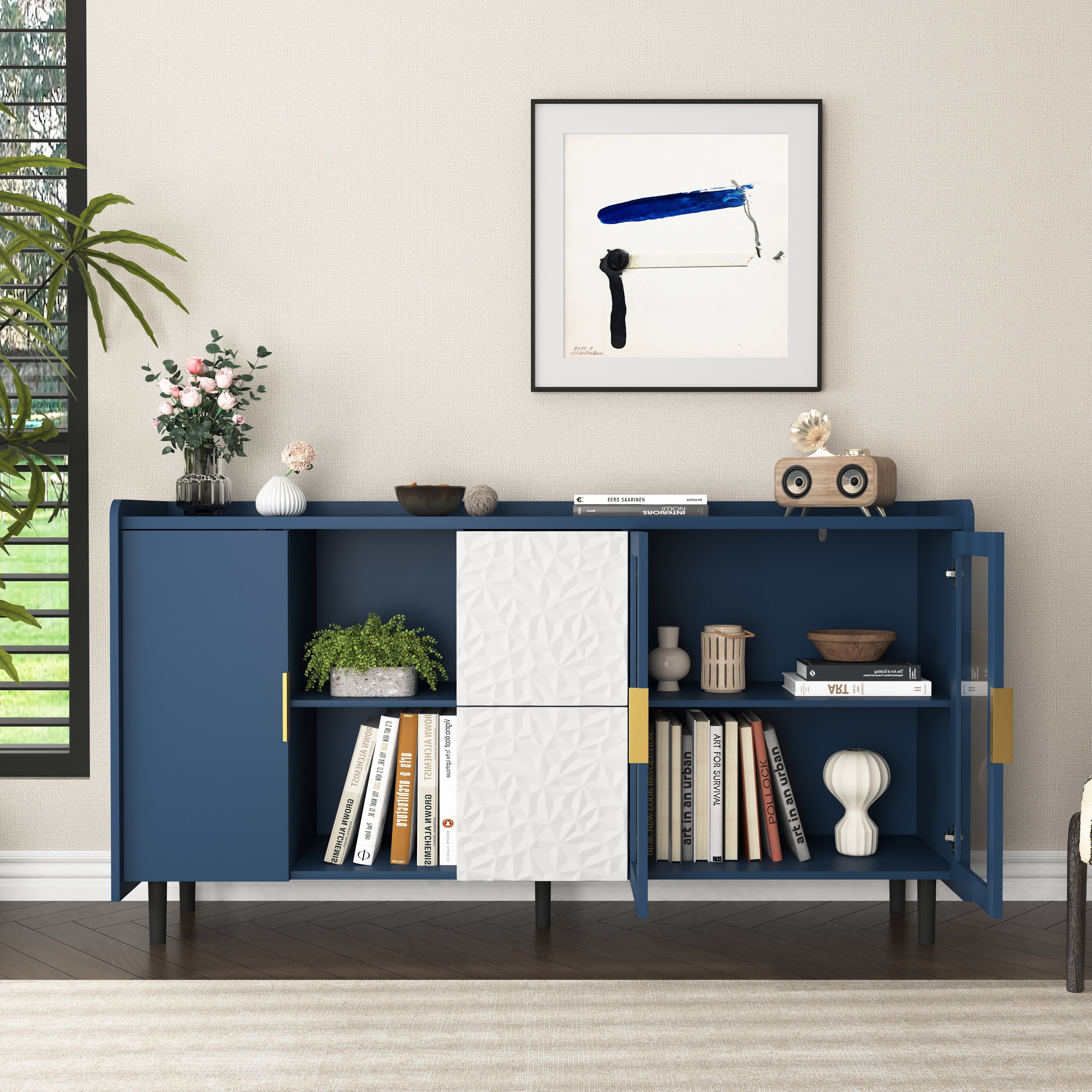 Pantry Cabinet 55-inch 2 Drawers 2 Glass Doors - Blue