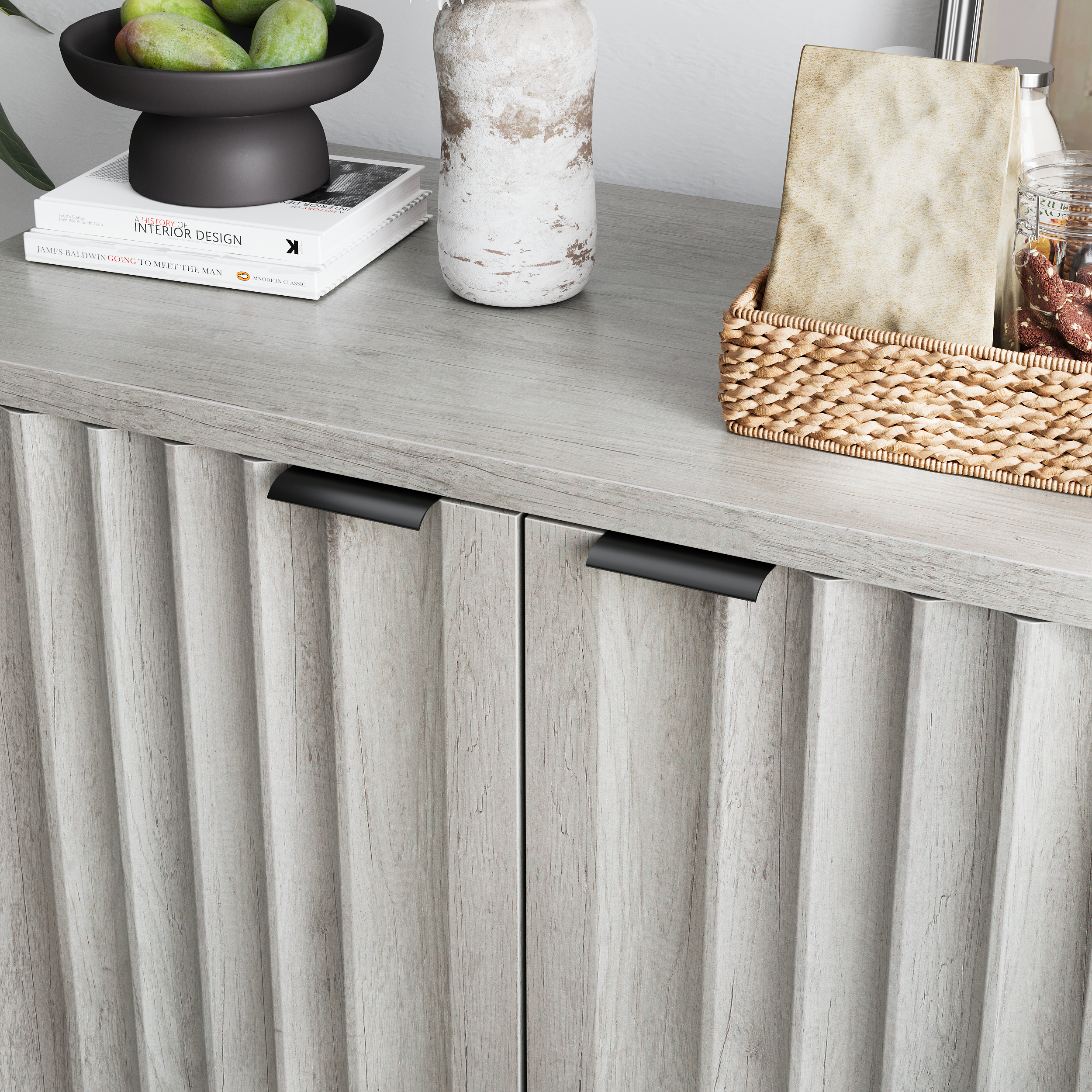 Grooved Edge Cabinet, Independent Wash Buffet with Adjustable Shelves, Wooden, Gray