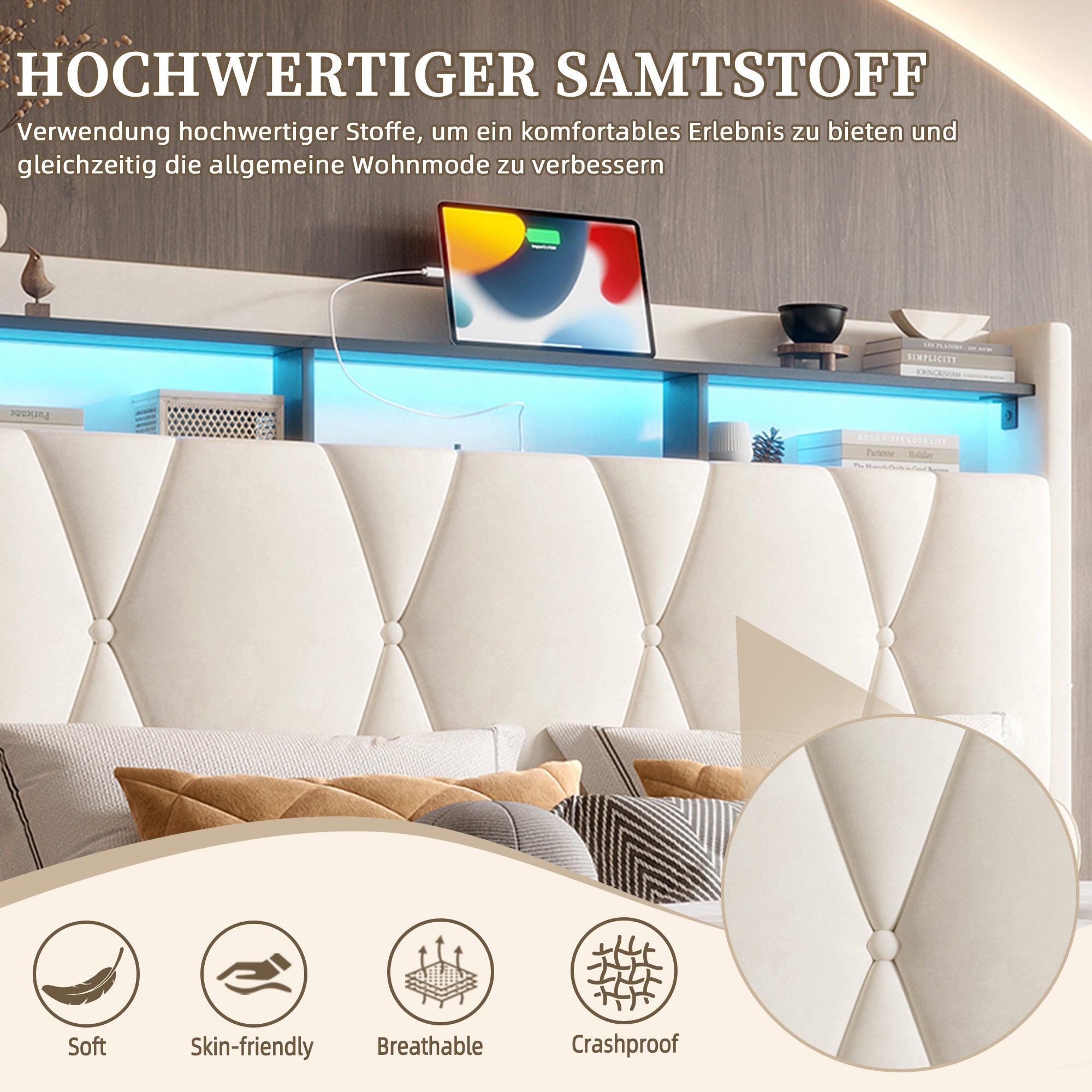 Upholstered Bed Frame, LED Lighting, USB-C Charging, Storage, Beige