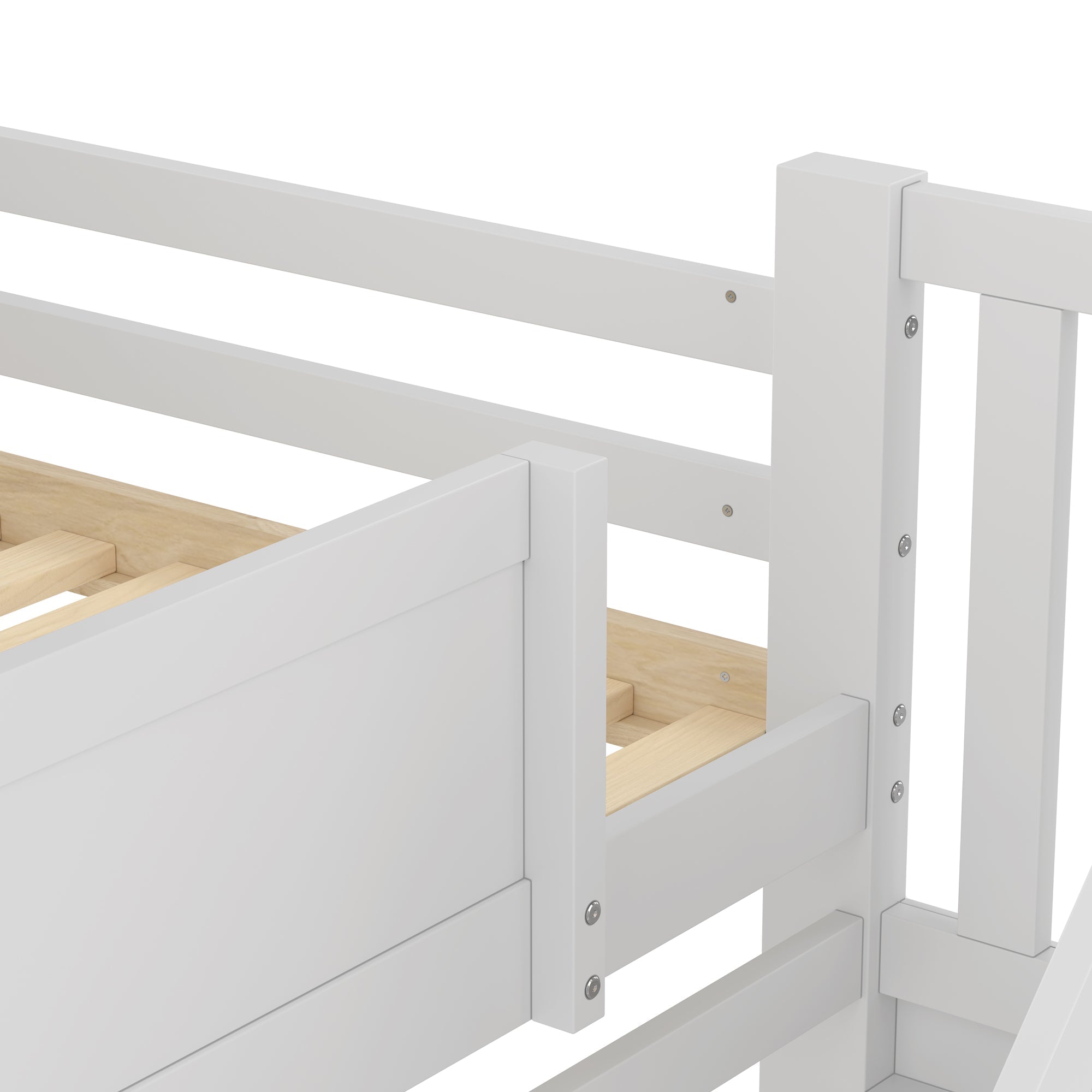 Bunk Bed with Pull-out Bed, Storage Ladder and House Frame, White and Natural