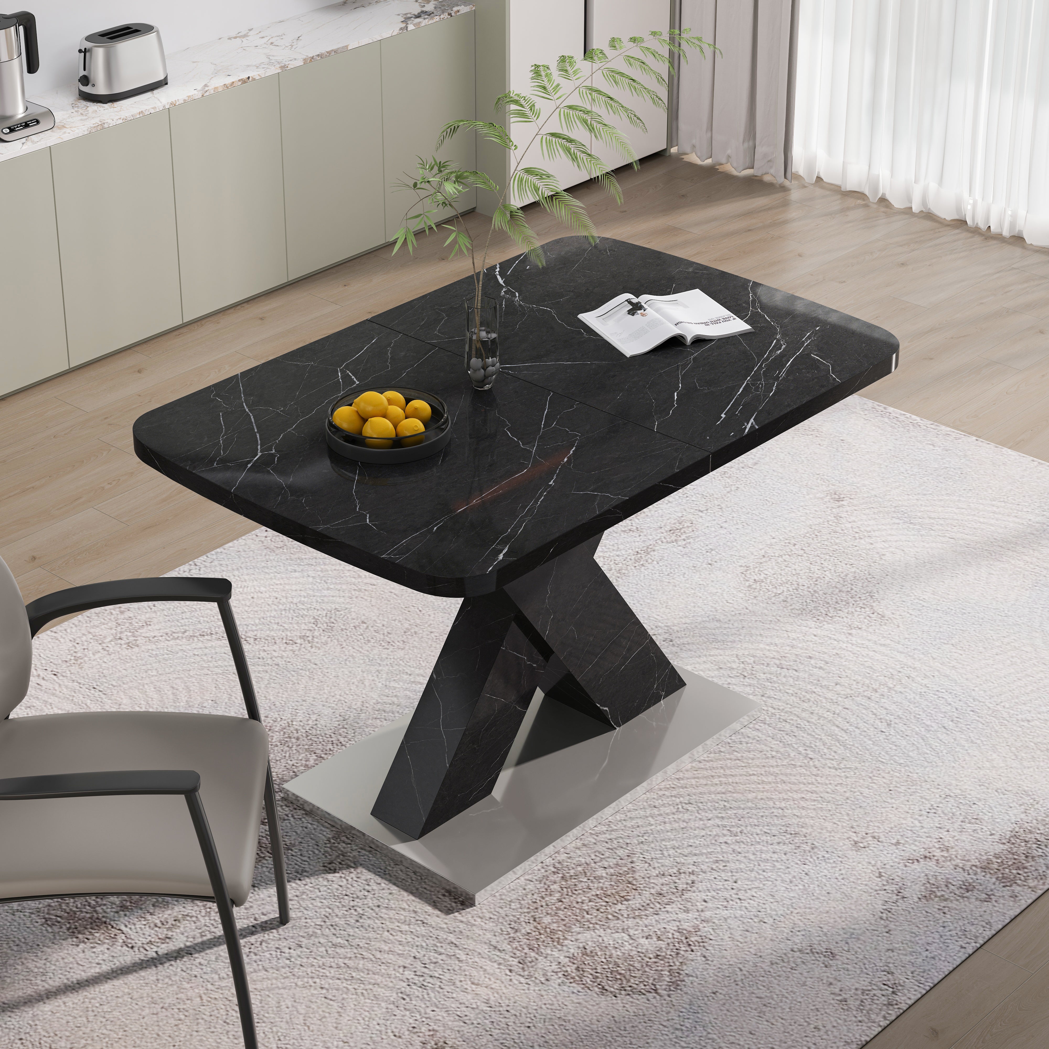 Dining Table 120-160CM Modern Stretchable Rectangle Marble Top, Black MDF/Metal