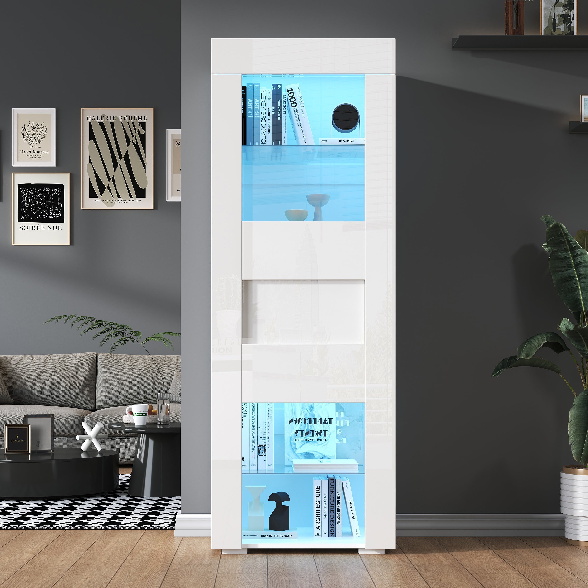 Cabinet High-Gloss Display Storage with LED Lighting, 2 Glass Shelves, White