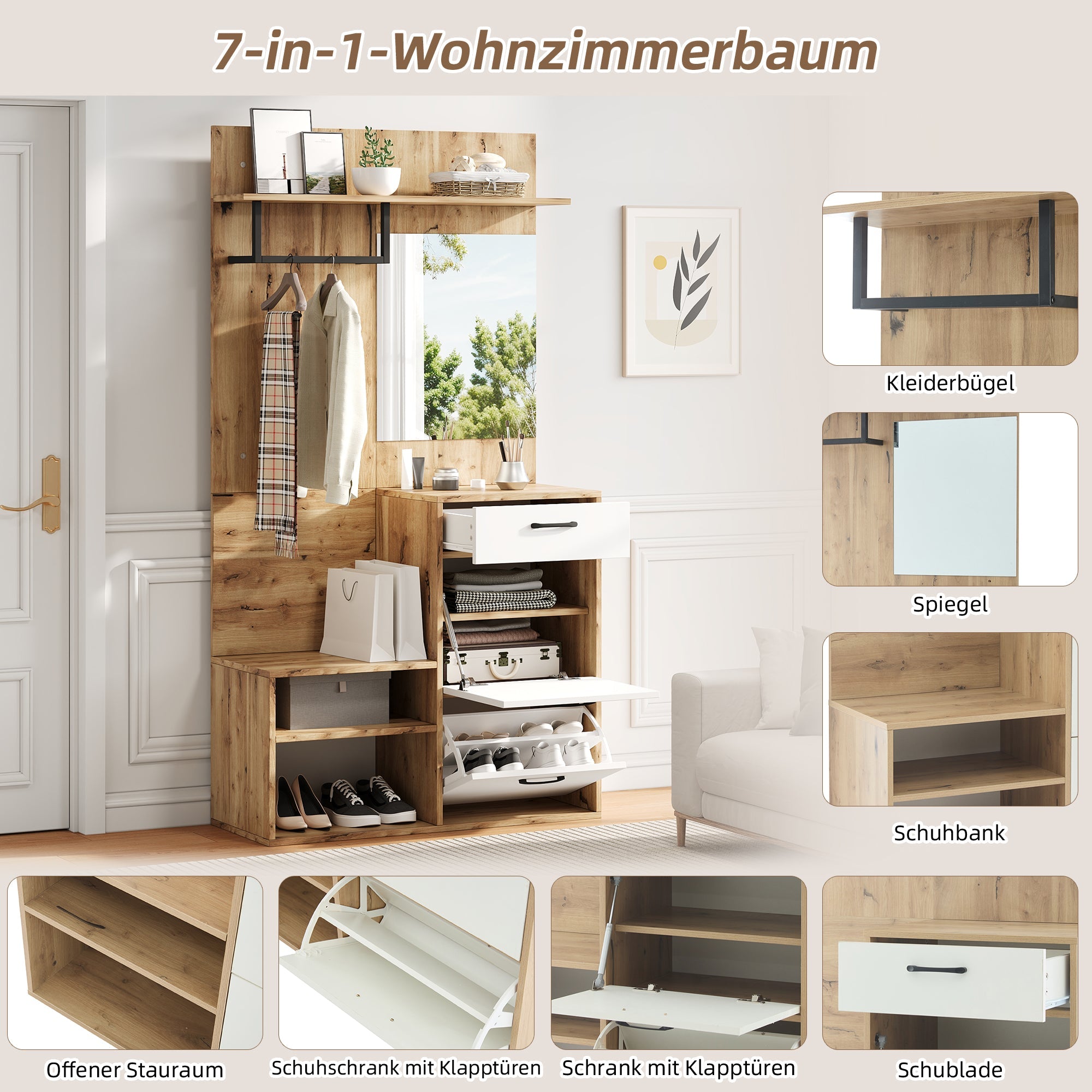 Wardrobe Set, Mirror, Shoe Bench, 1 Drawer, 2 Cabinets, White Wood