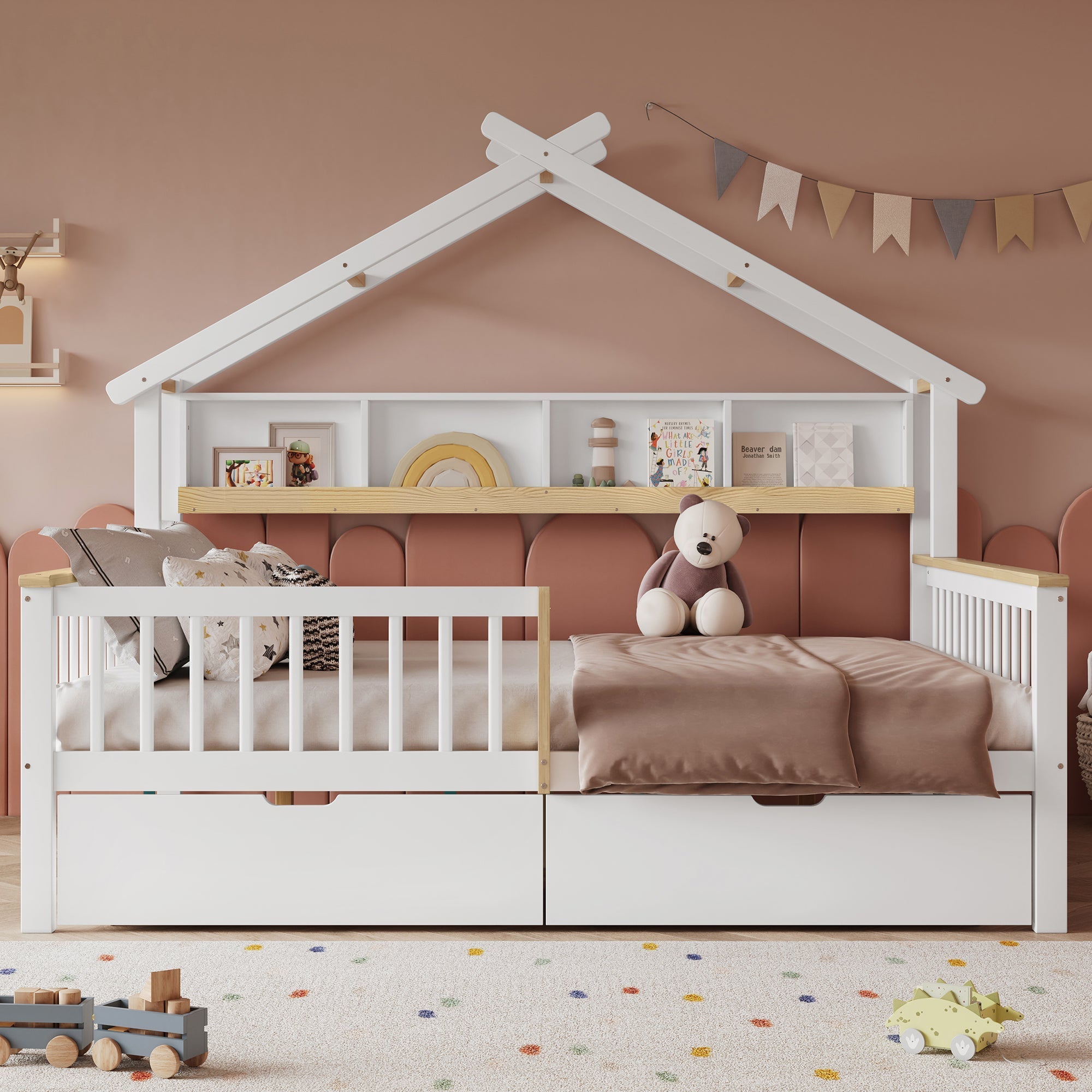 Children's Bed Roof Design, Railing, Storage Drawers, 140x200cm, Pine+MDF White/Natural