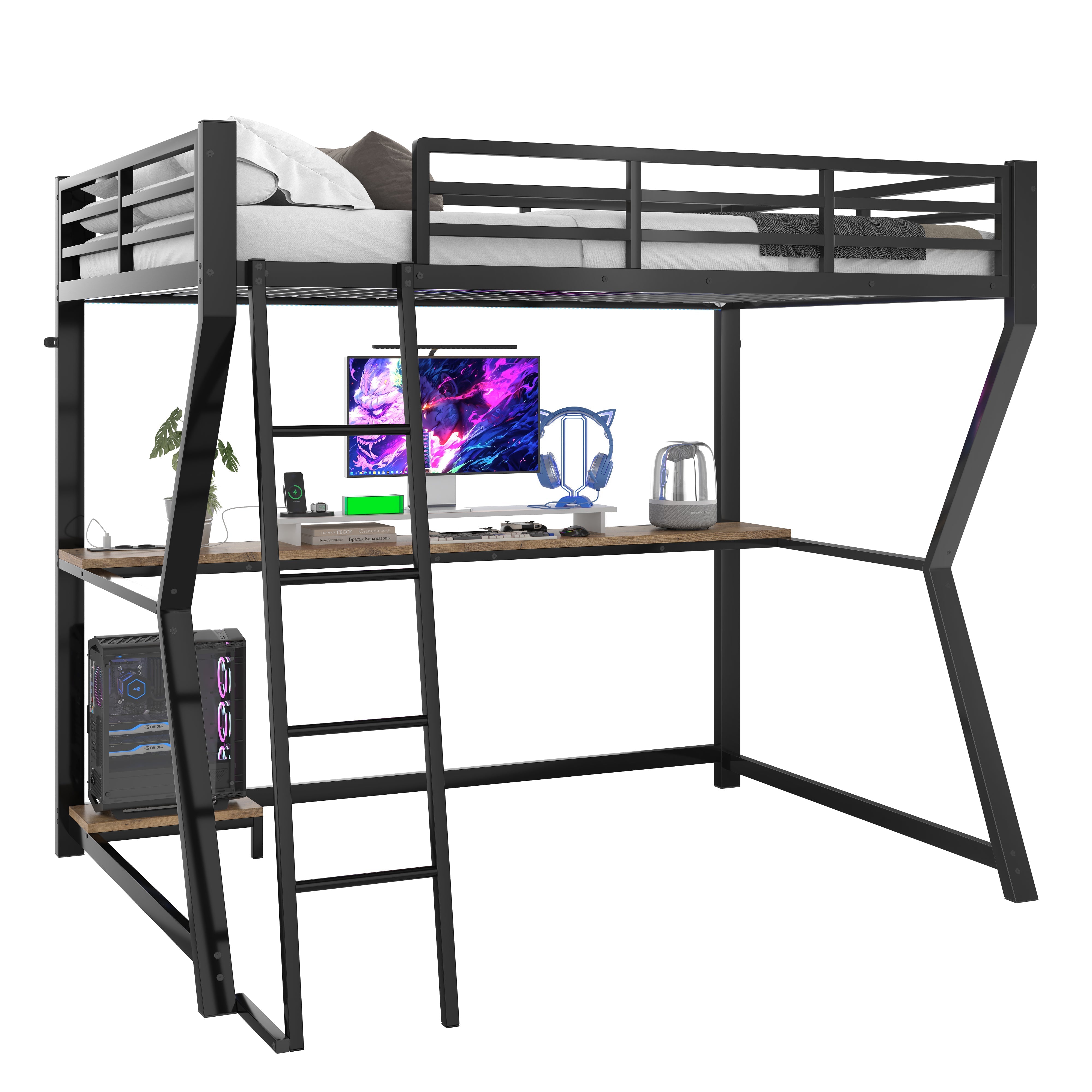 Loft Bed 90x200cm with Desk Storage Stairs LED Lights & USB Port Black